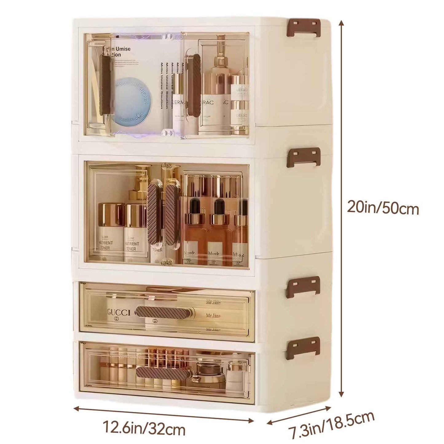 A stackable desktop organizer with drawers and compartments, ideal for storing cosmetics, beauty tools, jewelry, and school supplies in a student dorm. Features a convenient magnetic door handle.