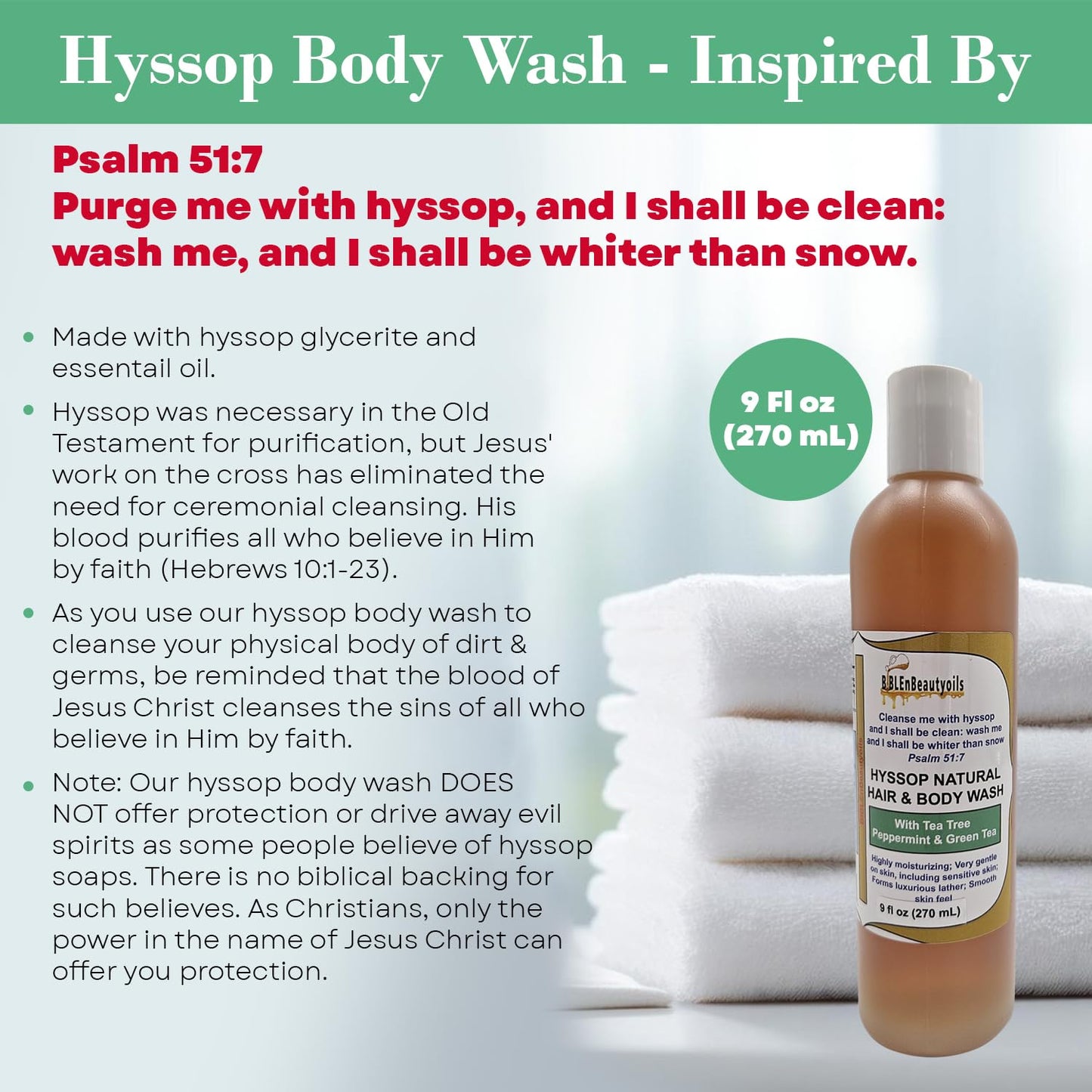 BIBLE N Beautyoils Cleanse Me With Hyssop Natural Hair and Body Wash, Organic Hyssop Infused Shampoo and Body Wash for Nourishing and Refreshing Hair & Body Cleansing (Tea Tree Peppermint & Green Tea)