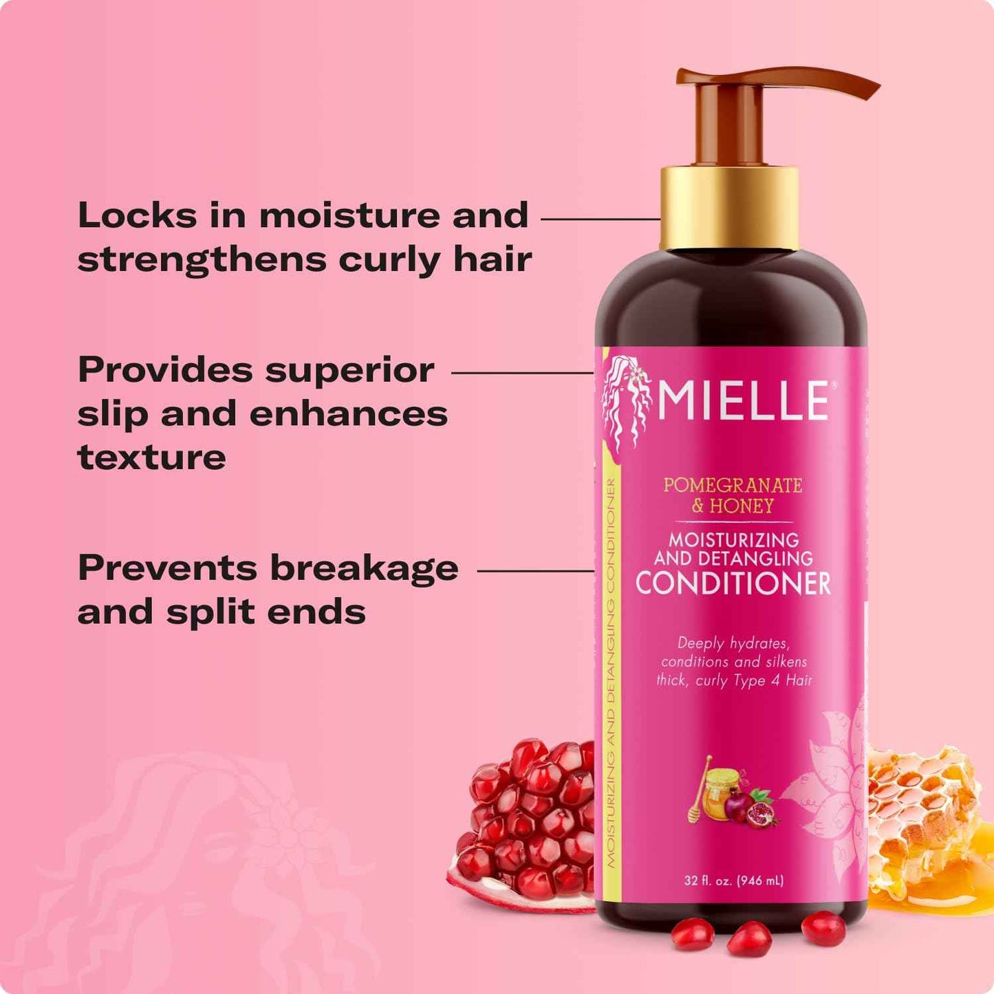 Mielle Organics Pomegranate & Honey Detangling Conditioner for Curly Hair - Deep Moisturizing Conditioner to Help Strengthen Strands, Prevents Breakage and Split Ends & Improves Hydration (32 Fl Oz)
