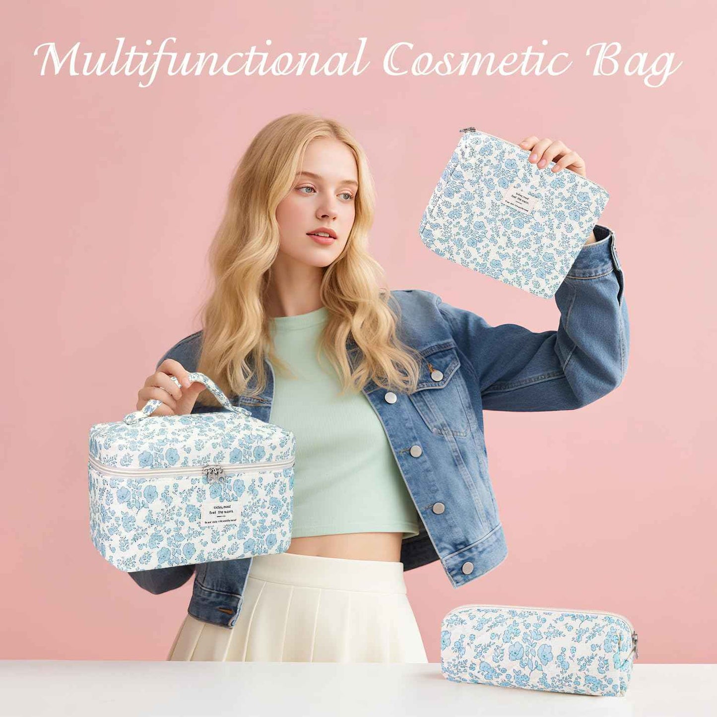 Givurao 3Pcs Cotton Quilted Makeup Bag for Women Girls, Large Floral Cosmetic Bag Set Cute Makeup Brushes Aesthetic Accessories Storage Bag Travel Toiletry Bag Organizer, Little Flower Blue