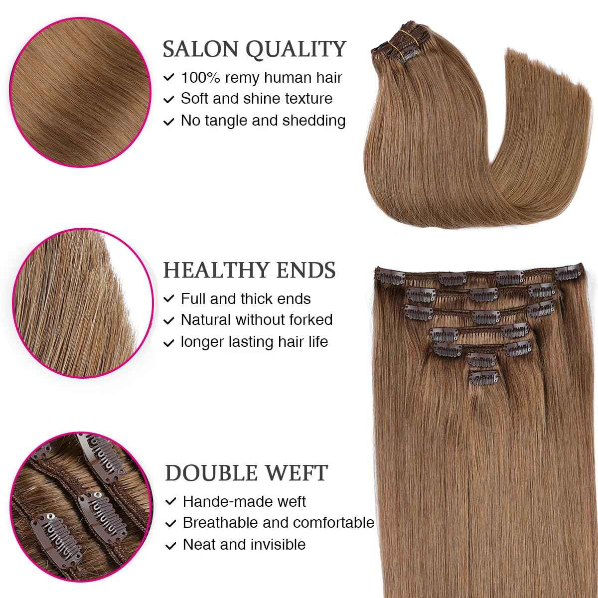ORIGEN Clip in Hair Extensions Real Human Hair Clips ins Remy Hair Extensions for Women Full Head Medium Brown 80g 16 Clips 7 Pcs 12 Inches