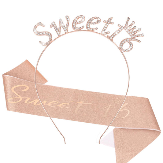 CAVETEE Sweet 16 Party Decorations,Rose Gold Sweet 16 Sash and Crown 16th Birthday Crown for Girls 16th Happy Birthday Party Decorations