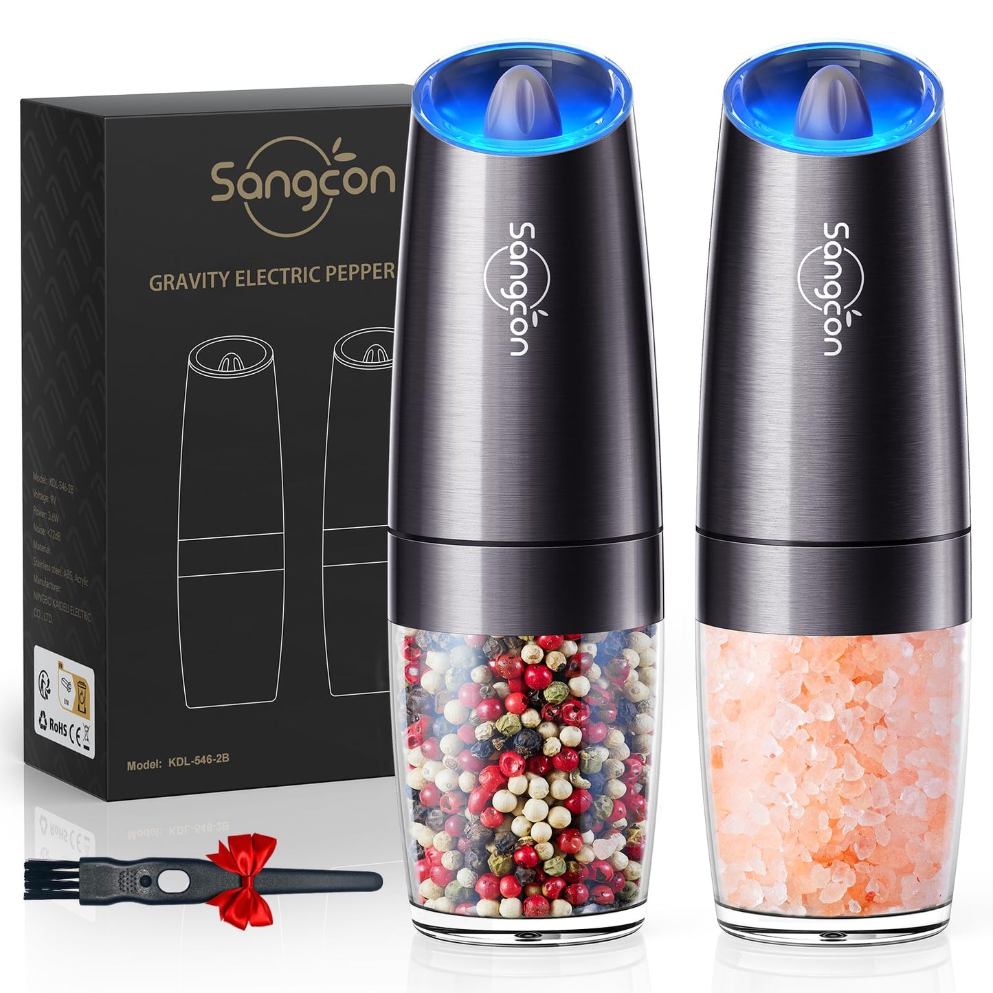 Sangcon Gravity Electric Salt and Pepper Grinder Set Automatic Shakers Mill Grinder with LED Light, Battery Powered Adjustable Coarseness One Hand Operation, Upgraded Larger Capacity