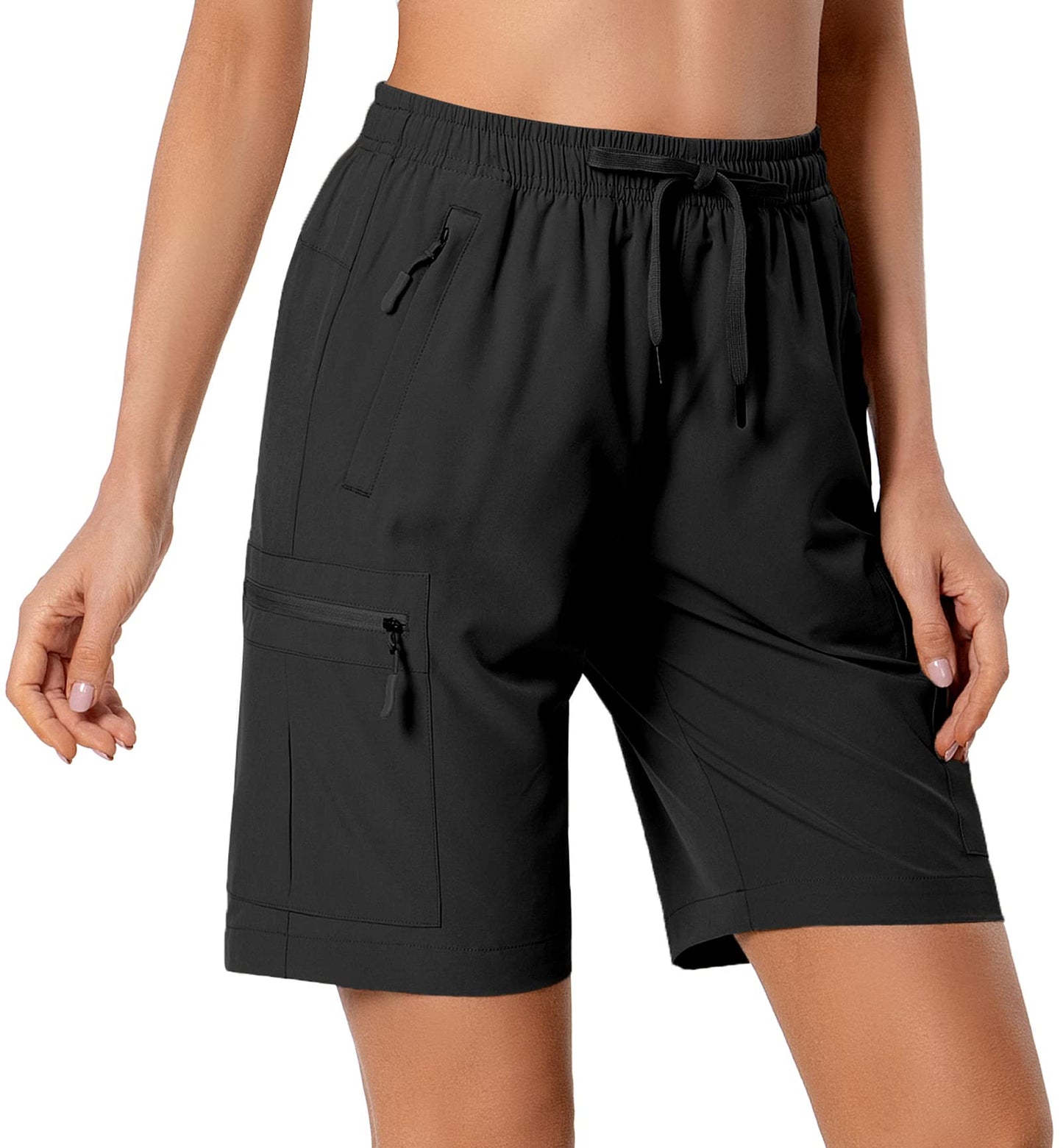 Women's Lightweight Hiking Cargo Shorts Quick Dry Athletic Shorts for Camping Travel Golf with Zipper Pockets Water Resistant Black