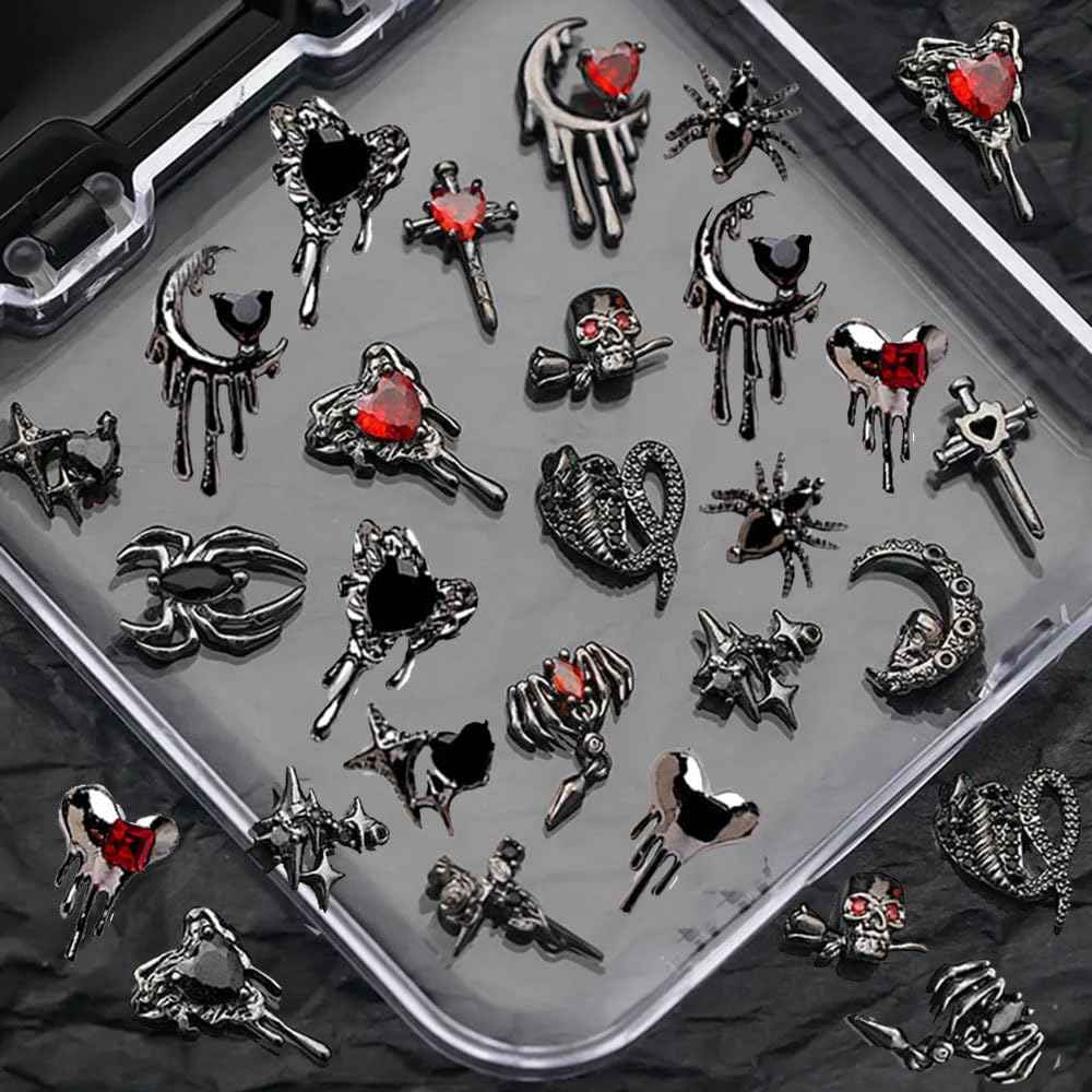 30pcs Halloween Nail Charms for Acrylic Nails 3D Halloween Charms for Nails Cross Nail Charm Star Moon Heart Spider Skull Nail Designs Alloy Nail Art Charms Metal Nail Jewels for Nail Art Supplies