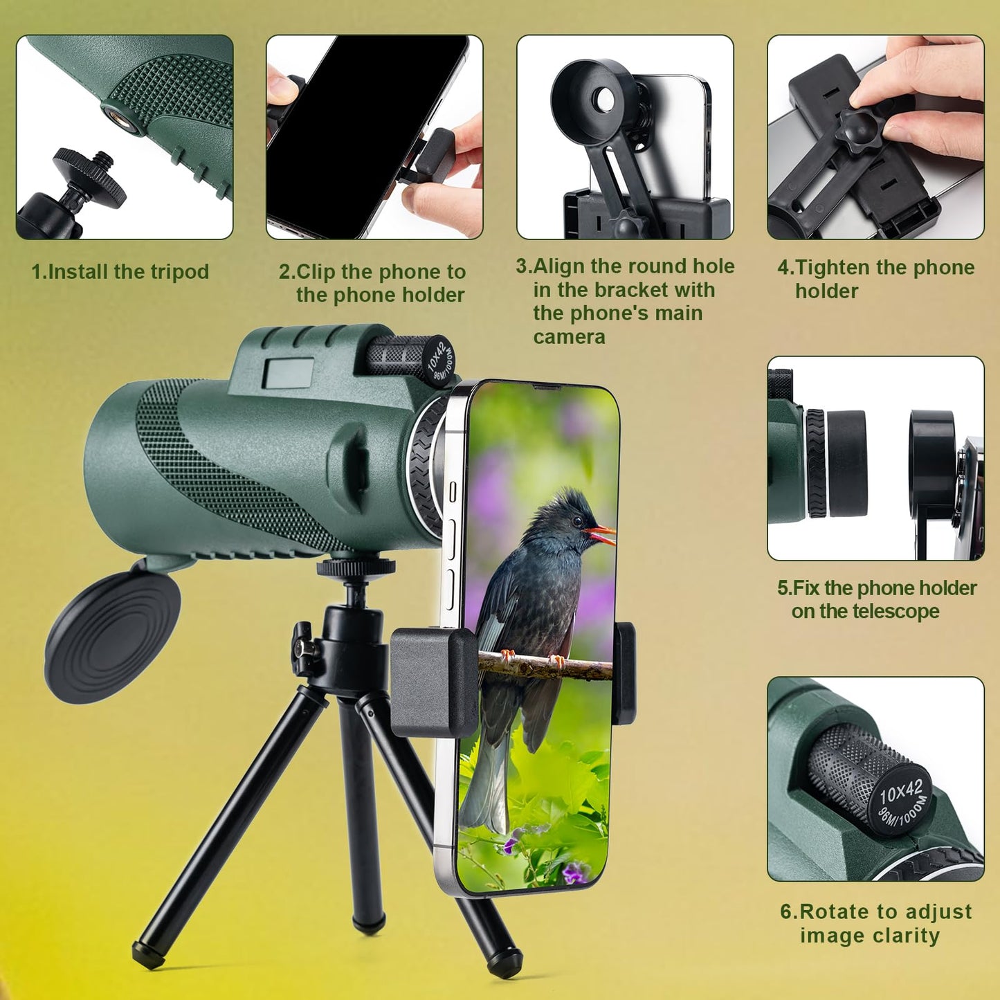 BOOMIBOO 10X42 Monoculars for Adults High Powered, FMC Multi-Layer Coated Lenses & BAK4 Prism with Smartphone Holder & Tripod, Compact Telescope for Camping Hiking Bird Watching