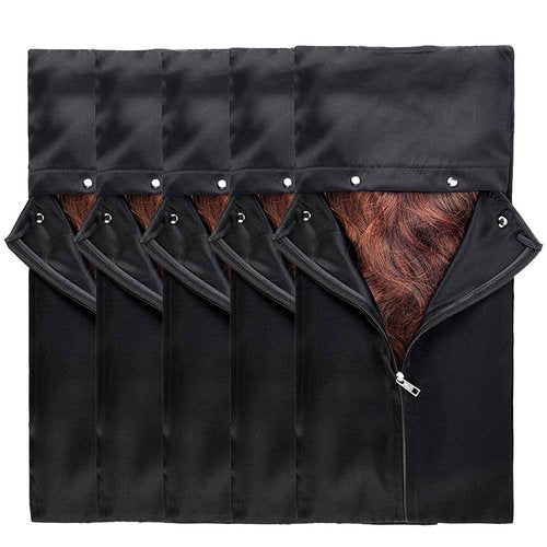 5 Pieces Satin Wigs Storage Bag Hair Extensions Holder Hairpieces Ponytail Bundles Carrier Case with Zipper Folding Hanging Protector Pouch for Travel Daily Use (Black)