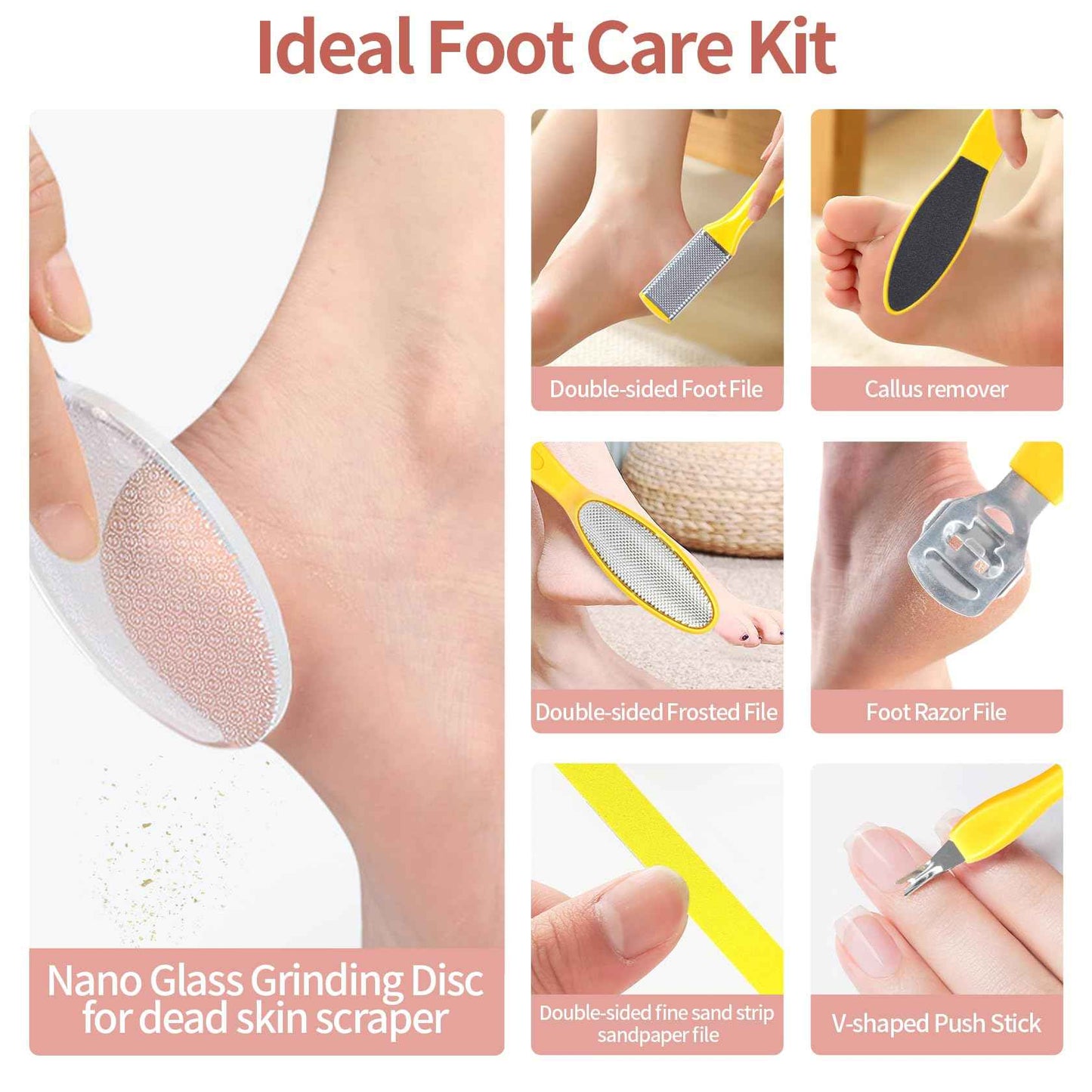 Electric Foot Callus Remover, Rechargeable Electric Callus Remover for Feet with 3 Speed, 9 in 1 Pedicure Kit with Nano-Glass, Waterproof Professional Foot File for Dead, Hard, Cracked Skin(Yellow)