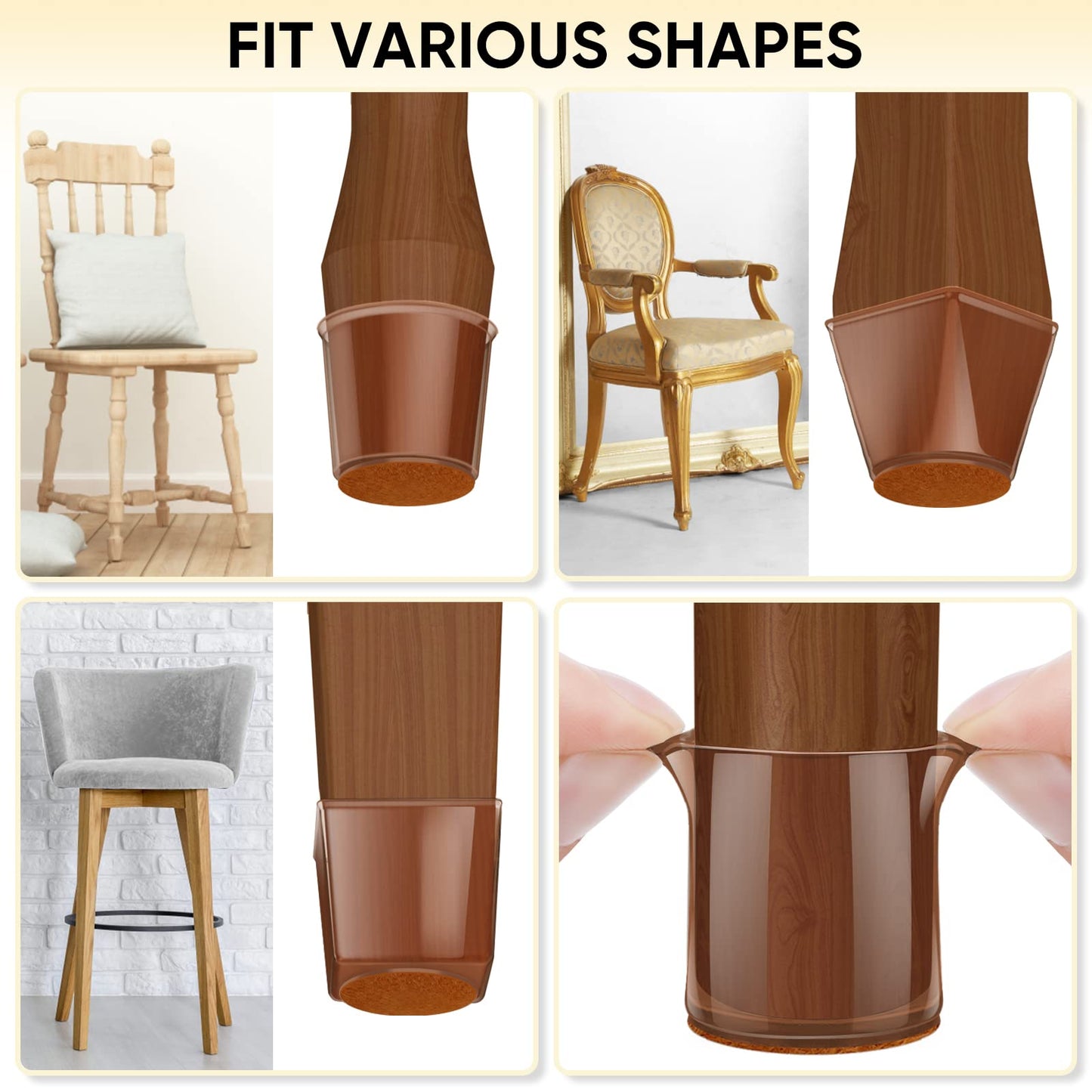 BALEINE 16 Pack Silicone Chair Leg Floor Protectors, Stool Leg Protectors Cap, Non-Slip Chair Leg Caps for Hardwood Floors (Brown & Large, 16 Pack)