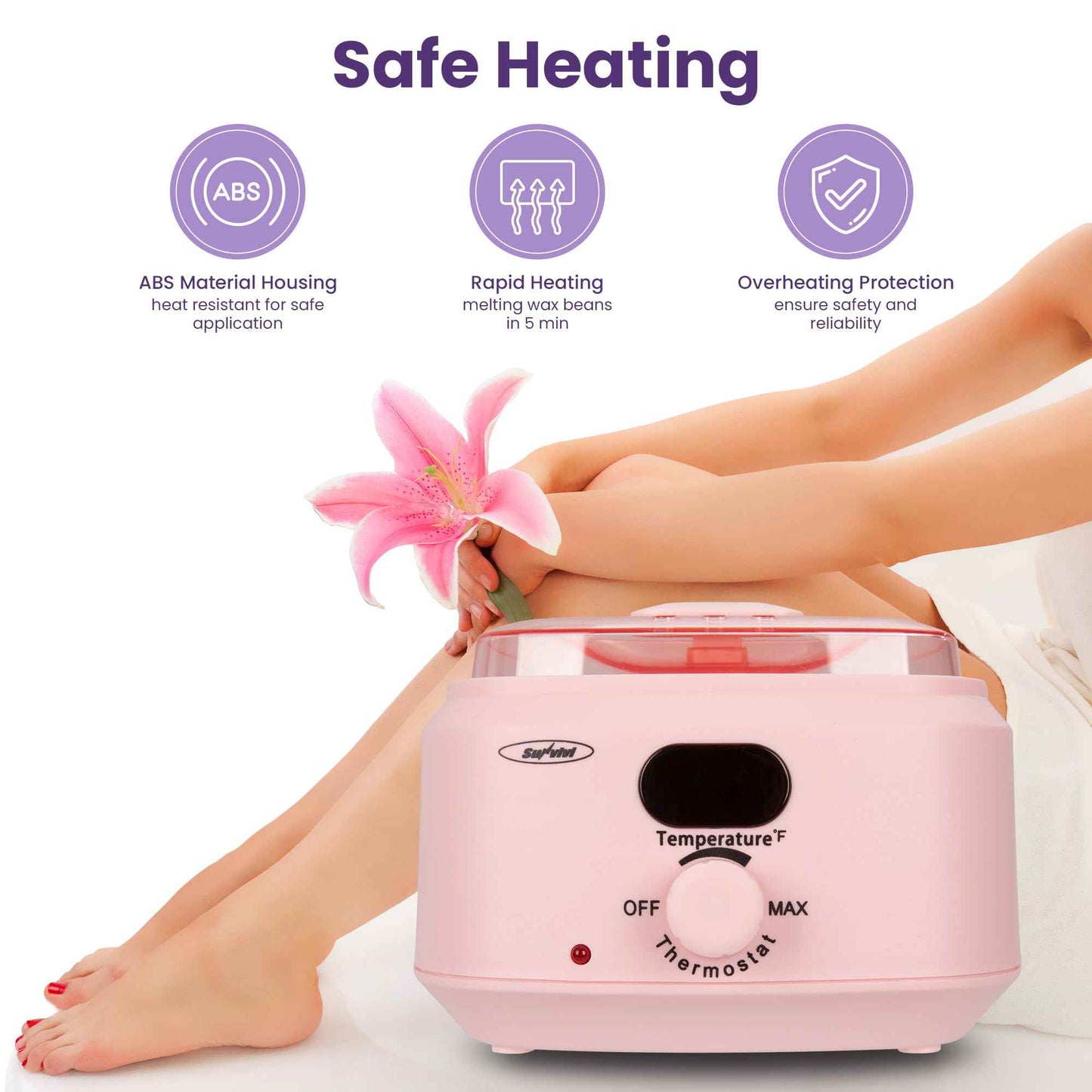 Sunvivi Waxing Kit, Brazilian Wax Warmer for Hair Removal with 5 Bag Hard Wax Beads, Digital Display Melt Warmer Kit for Women Men Full Body, Legs, Face, Bikini,Sensitive skin, Pink