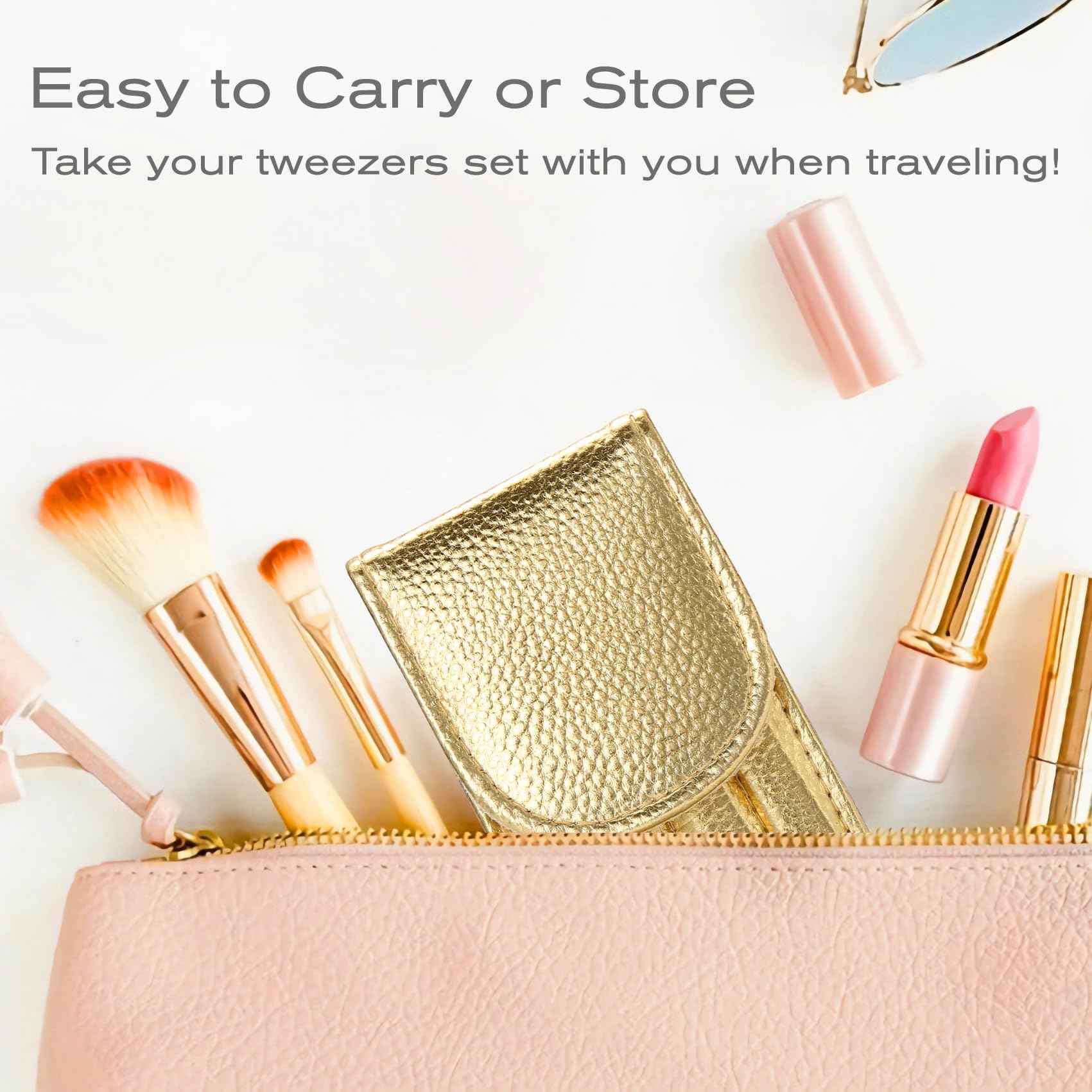 FungChoi 4-Pcs Glitter Stainless Steel Precision Tweezer Set for Eyebrows, Ingrown Hair & Lash Extensions (Gold)