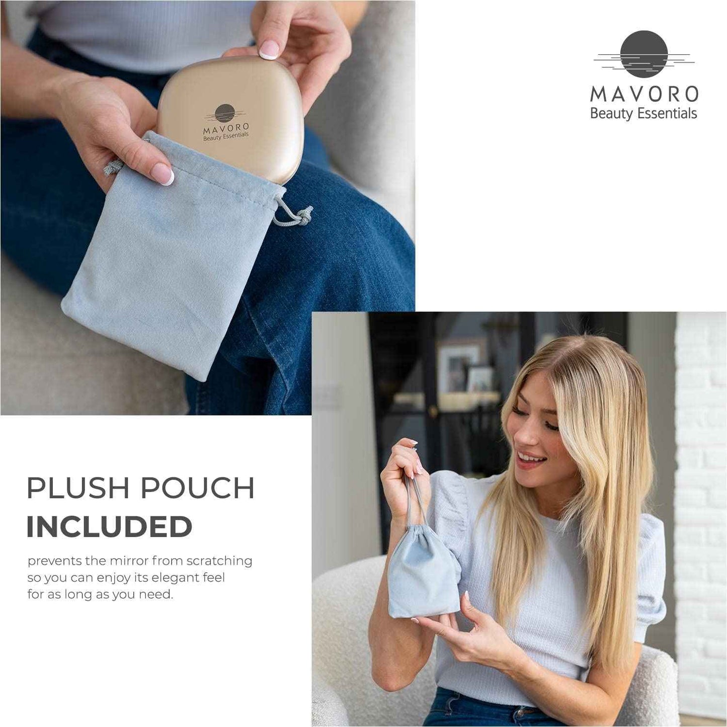 Mavoro LED Lighted Travel Makeup Mirror, Rechargeable, 1x/10x Magnification (Champagne Gold)