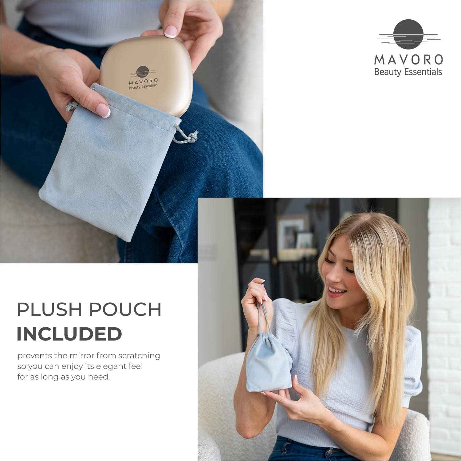 Mavoro LED Lighted Travel Makeup Mirror, Rechargeable, 1x/10x Magnification (Champagne Gold)