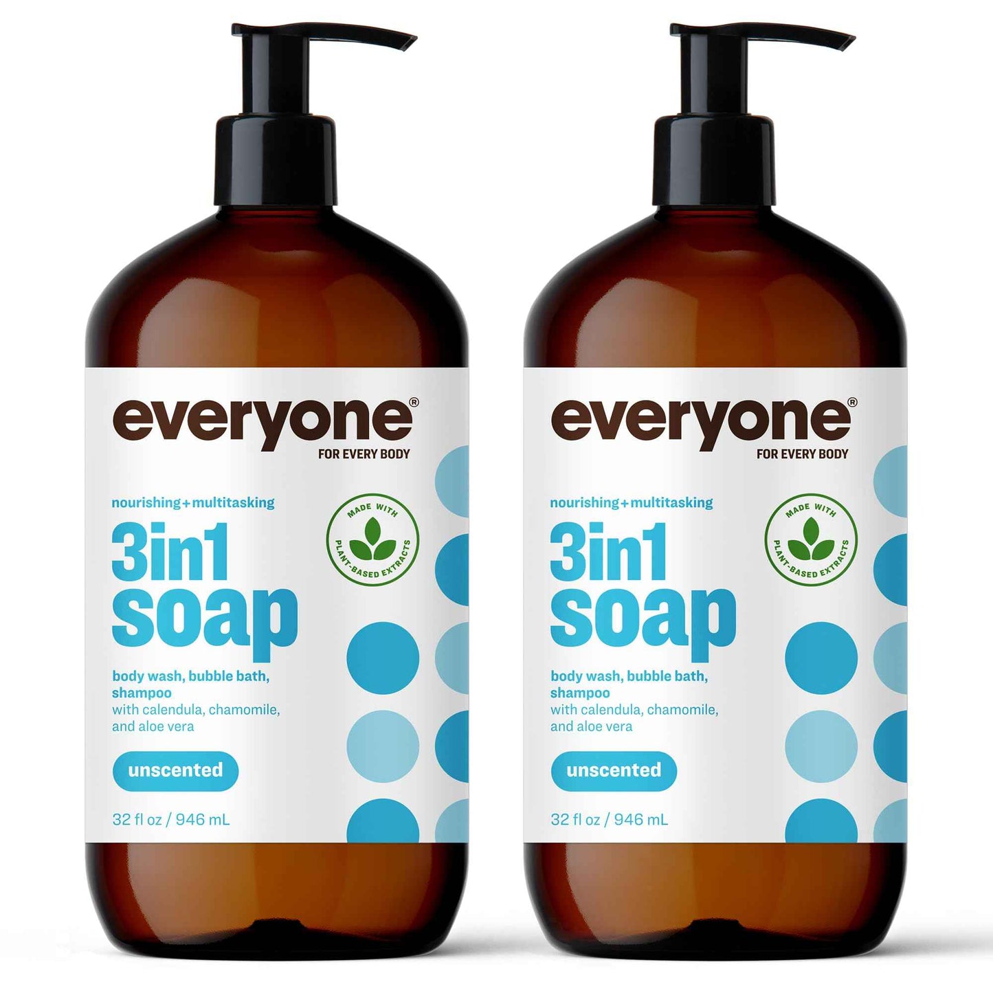Everyone 3-in-1 Soap, Body Wash, Bubble Bath, Shampoo, 32 Ounce (Pack of 2), Unscented, made for Men and Women