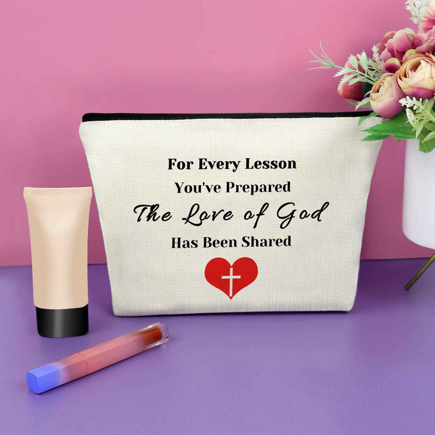 Sazuwu 3PCS Sunday School Teacher Appreciation Gifts Makeup Bag Thank You Religious Gifts for Women Christian Cosmetic Travel Bag Organizer