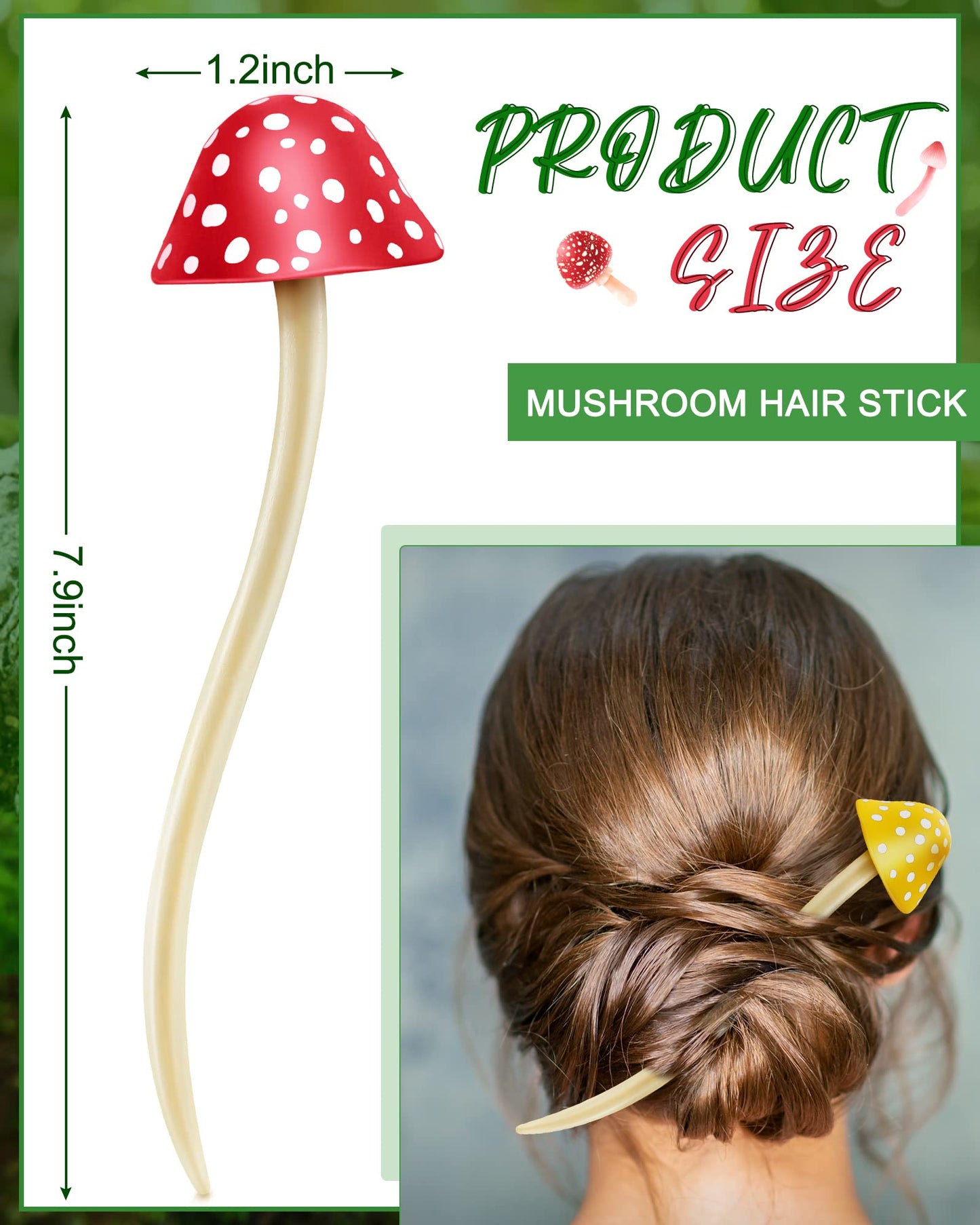 Taiyin Hair Clip Mushroom Hair Sticks, 2 Pcs Christmas Hair Sticks for Long Hair, Cute Print Hair Sticks Accessories for Women/Girls, Red, Yellow