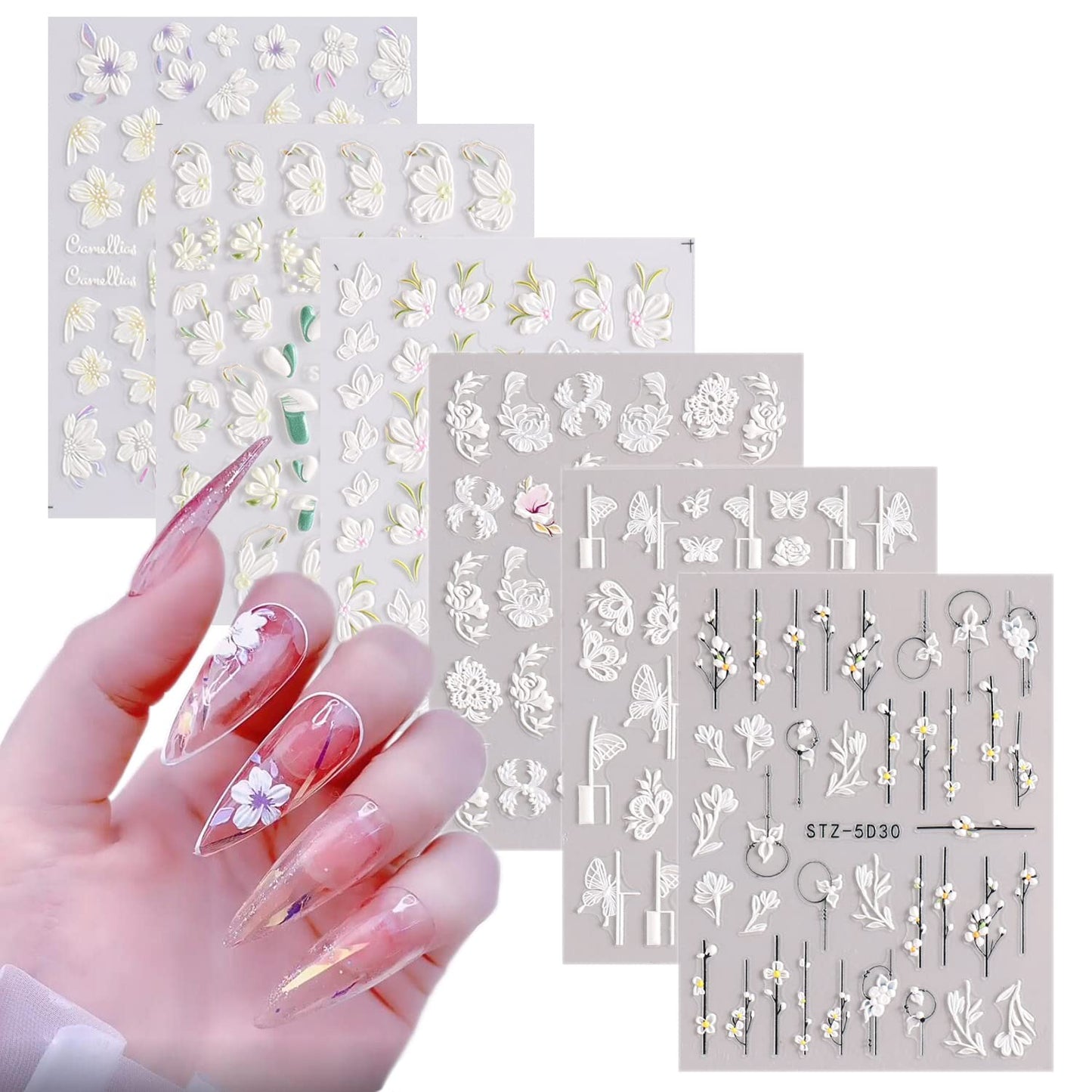 ZZIYEETTM 5D Embossed Spring Flower Nail Art Stickers Decals 6 Sheets Engraved Butterfly French Tips Nail Designs Adhesive Nail Stickers for Women