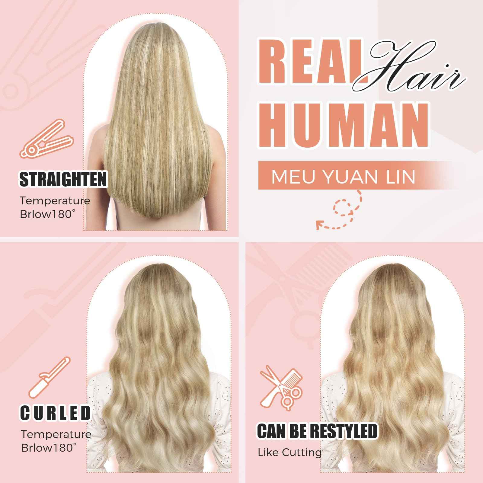 MEI YUAN LIN Clip In Hair Extensions 14 Inch 5pcs 80g Light Blonde Highlighted Golden Blonde Real Human Hair Extensions Double Weft Easy To Apply