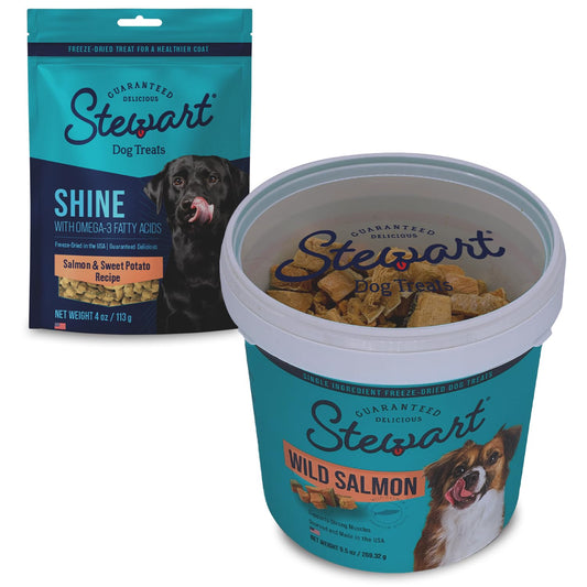 Stewart Freeze Dried Salmon Variety Dog Treats, Limited Ingredient, Grain Free & Gluten Free, Dog Training Treats; 9.5 oz Wild Salmon Resealable Tub & 4 oz Shine Salmon & Sweet Potato Resealable Pouch