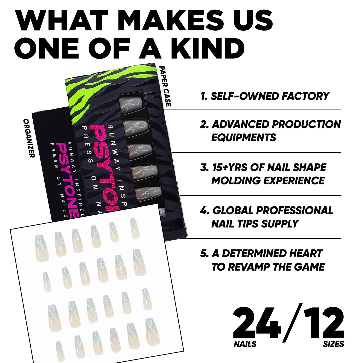 PSYTONE Press On Nails Long Coffin Fake Nails with Glue, 24Pcs Nail Kit-12 Sizes Runway Nails(Up In The Smoke)