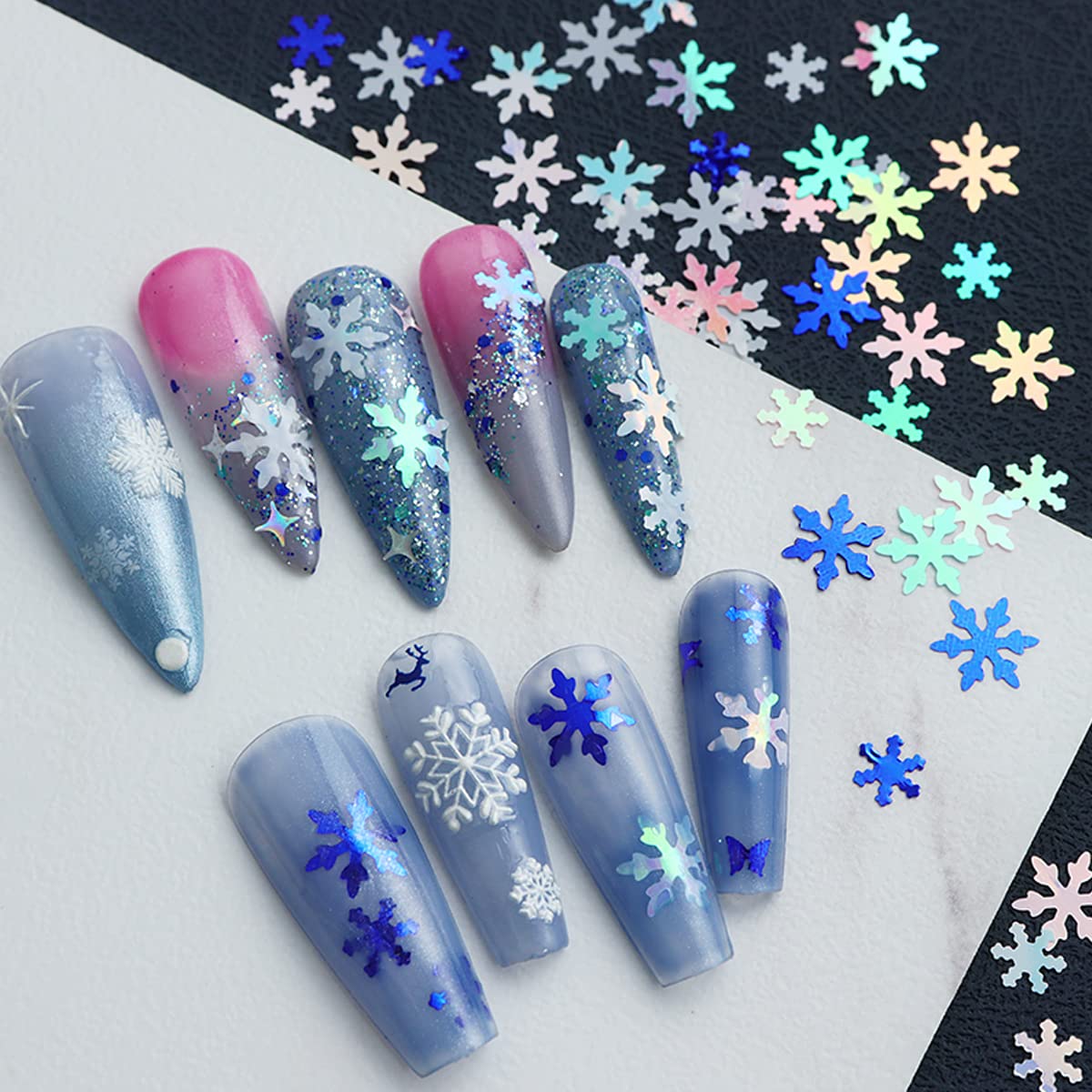 12 Grids Blue Snowflake Nail Sequins - 3D Snow Flakes Nail Glitters Christmas Snowflakes Nail Designs Xmas Nail Art Stickers for Winter Holiday Nail Stickers for Christmas Party Decoration Accessories