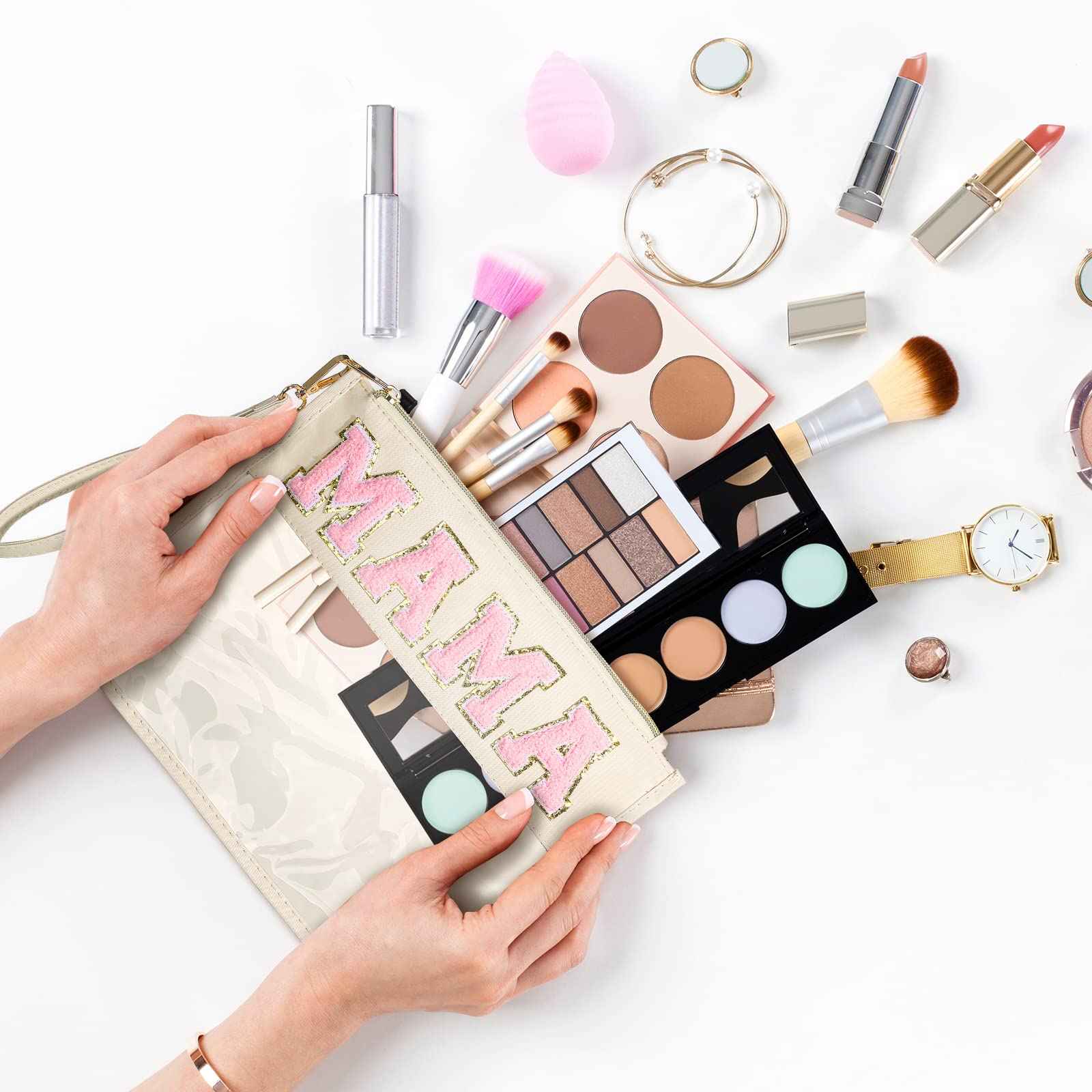 Buryeah 4 Pcs Chenille Letter Pouch Flat Nylon Clear Snack Bags Flat Multipurpose Zipper Makeup Bag for Travel Toiletry Bag Water-proof Cosmetic Pouch for Women(Simple Style)