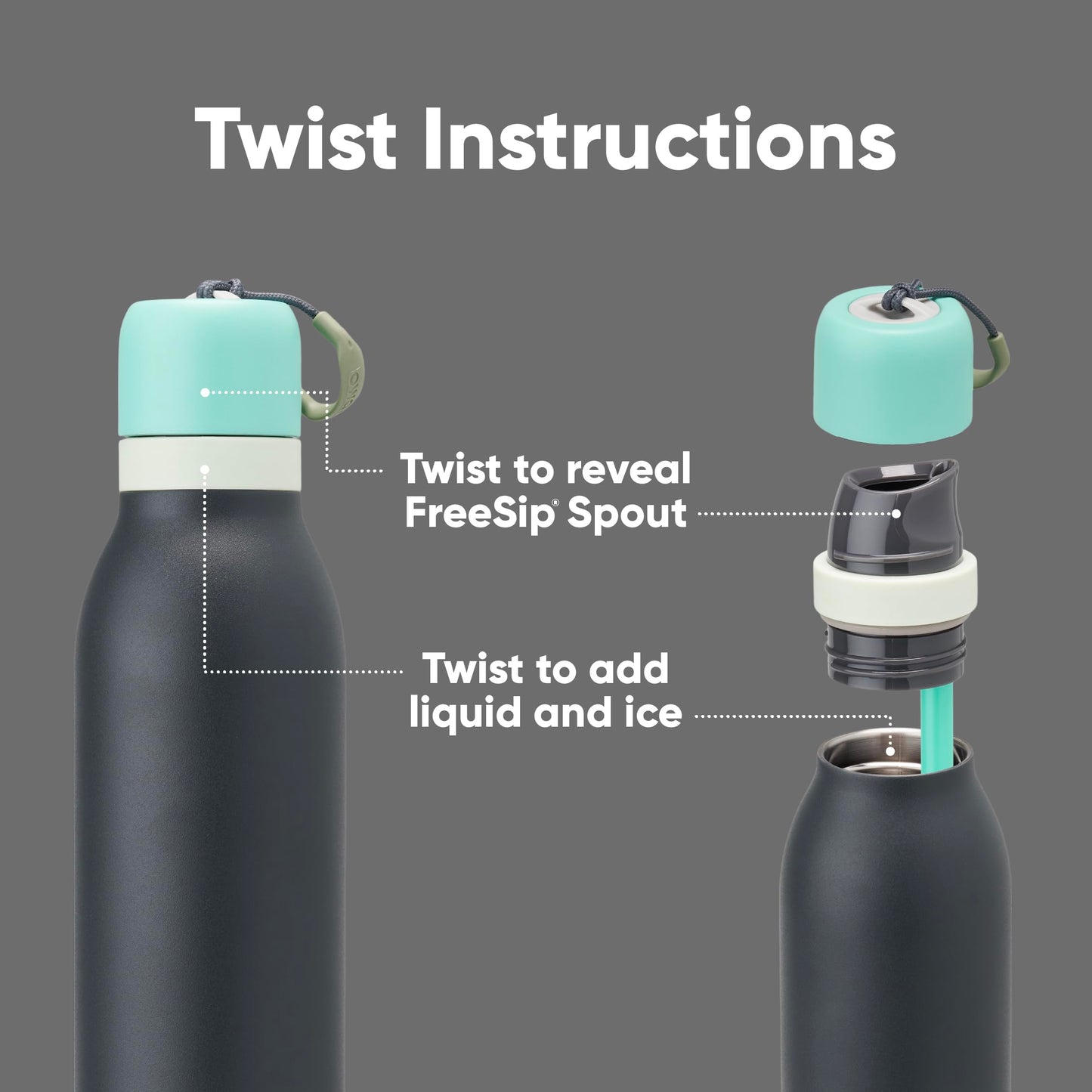 Owala FreeSip Twist Insulated Stainless Steel Water Bottle with Straw for Sports and Travel, BPA-Free, 24-oz, Blue/Grey (Foggy Tide)