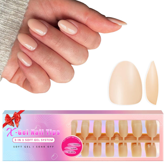 KQueenest Natural Nude Gel x Nail Tips Short Oval, Skin Tone Gel Press on Nails Short Almond, Semi-Transparent Gel Tips Nails Fake Nails, Pre Colored Gel Nail Tips Kit for DIY Nail Art 300 Pcs