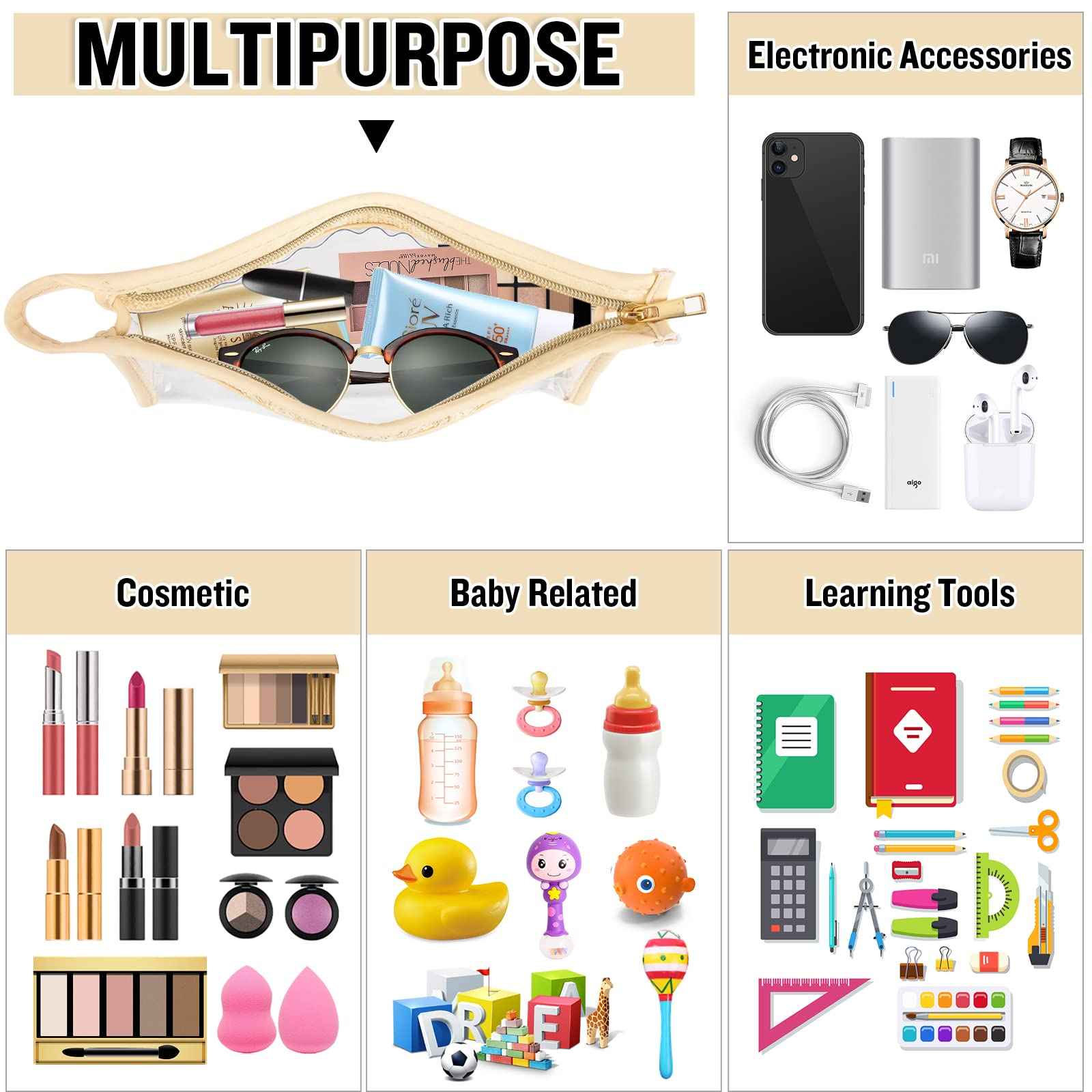 Boho Clear Makeup Letter Patch Makeup Bag STUFF Pouch, Clear Toiletry Bags Travel Small Cute Stadium Chenille Letter Cosmetic Zipper Pouch Purse, Waterproof Glitter Makeup Organizer for Women(STUFF)