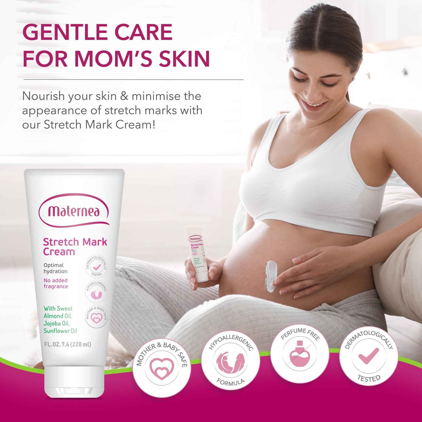 Maternea Stretch Mark Cream for Pregnancy – Nourishing Maternity Skin Care with Almond, Jojoba Oils, Vitamins C and E – Helps Hydrate and Improve The Look of Stretching Skin – 7.44 FL. OZ. (220ml)