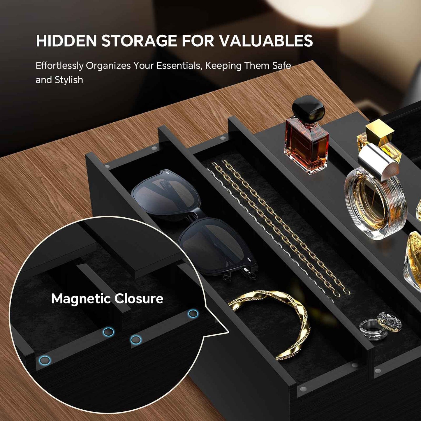 KISENG Cologne Organizer for Men, 4 Tier Cologne Stand with Drawer, Perfume Holder with Hidden Compartment, Fragrance Stand Shelf A Great Gift for Man, Black