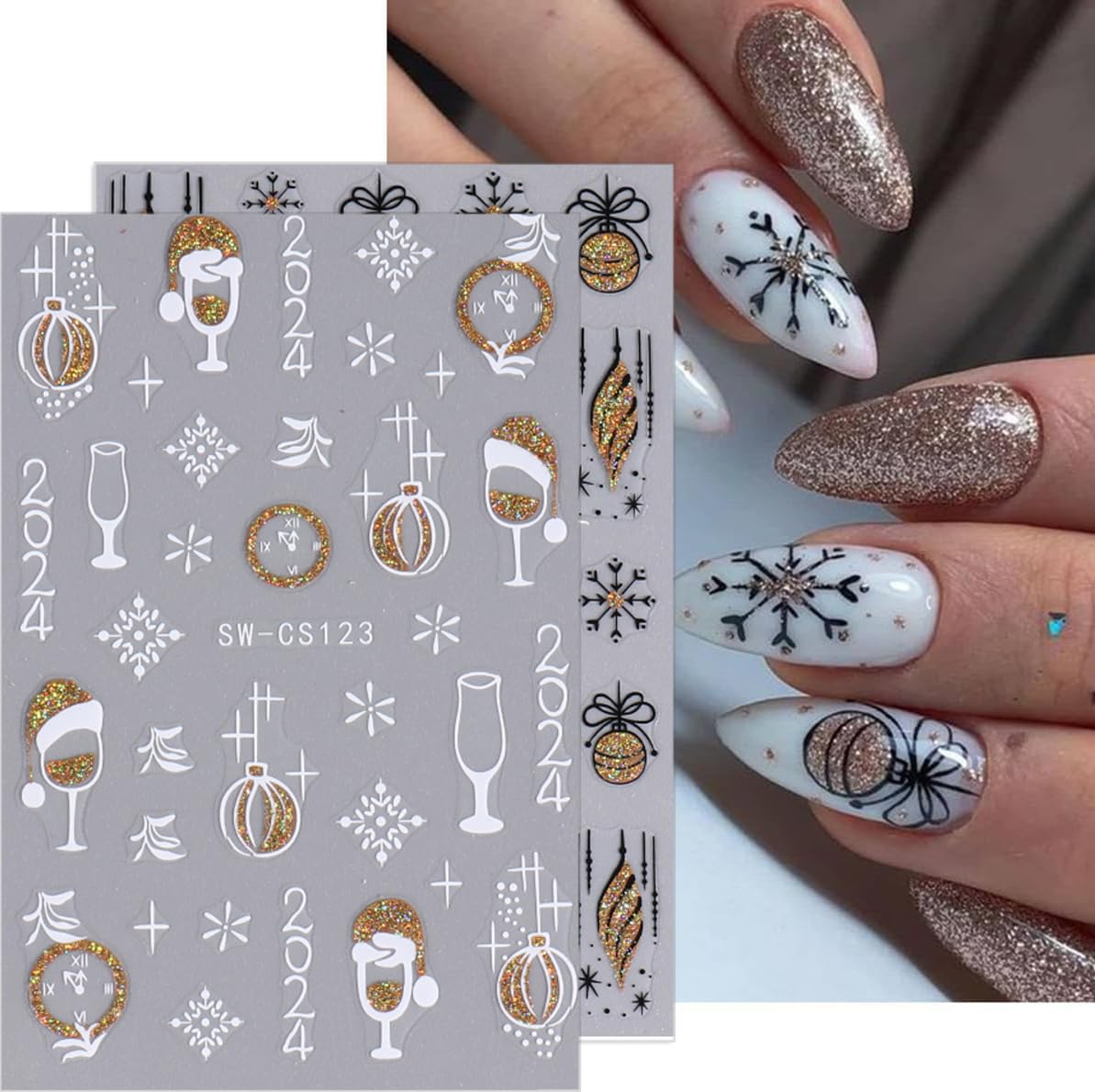 Christmas Nail Art Stickers 3D Winter Snowflake Nail Decals Self-Adhesive Gold Line Snow Ball Nail Design Charm DIY Christmas Nails Decorations French Holiday Nail Stickers for Women Girls 8 Sheets