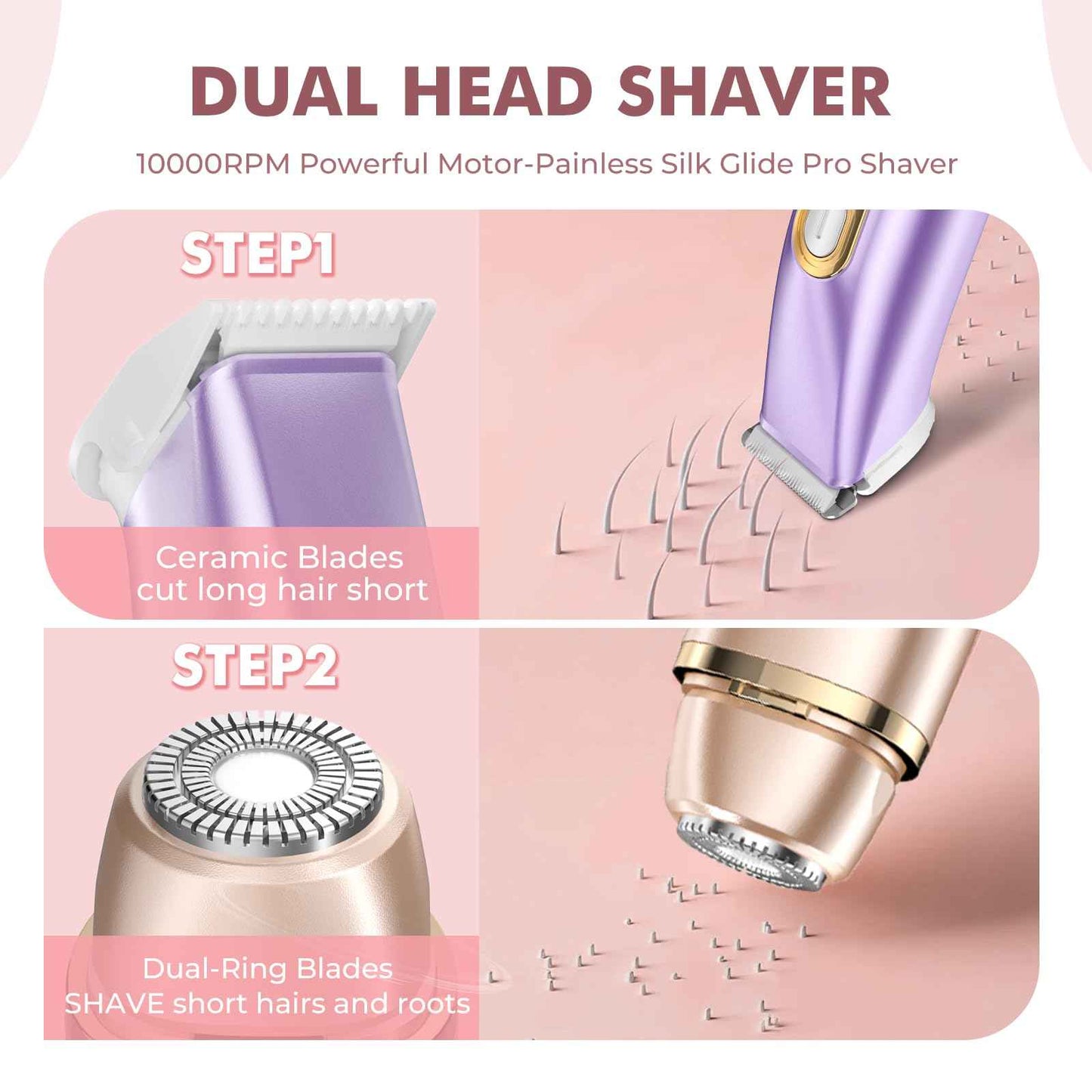 Bikini Trimmer for Women, 2-in-1 Painless Electric Razor for Body and Pubic Hair, IPX7 Waterproof Shaver with Dual Heads - Rechargeable Lady Trimmer for Bikini, Underarm, and Leg (Coral Purple)