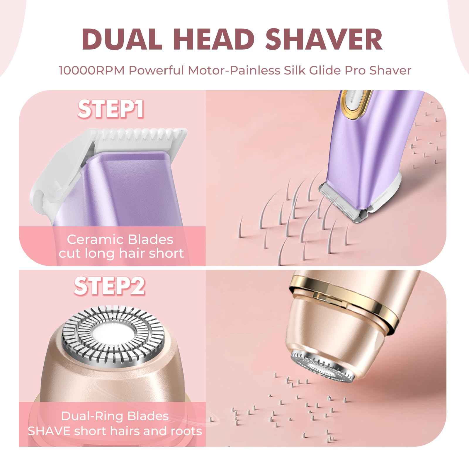 Bikini Trimmer for Women, 2-in-1 Painless Electric Razor for Body and Pubic Hair, IPX7 Waterproof Shaver with Dual Heads - Rechargeable Lady Trimmer for Bikini, Underarm, and Leg (Coral Purple)