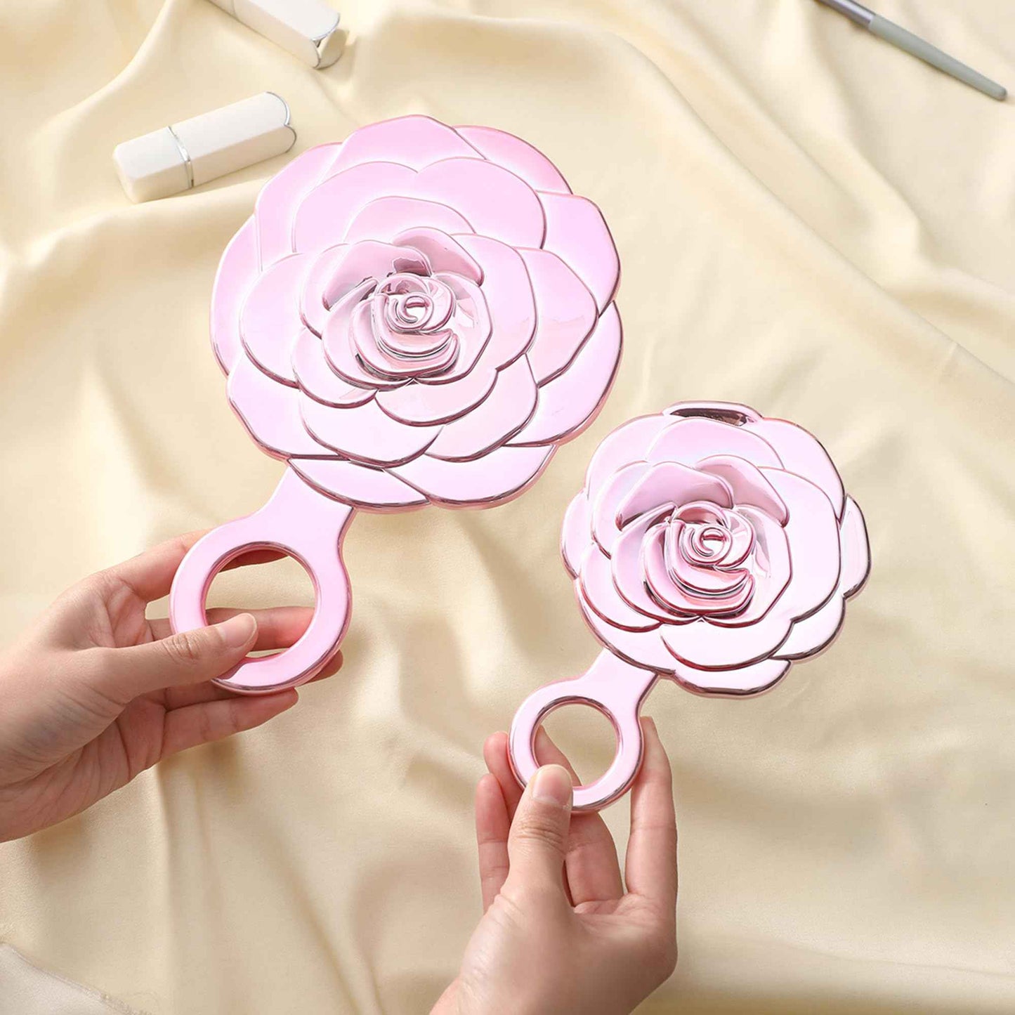 Funerom Round Rosebud Small Hand Mirror Handheld Mirror with Handle Large Hand Mirror (Electroplated Pink, 9.1 x 6 inch)