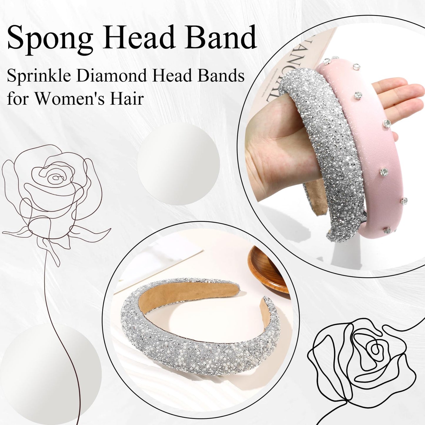 FULZTEY Rhinestone Padded Headbands Sliver Diamond Head Band Hoop No Teeth Pink Thick Beaded Headband Bling Crystal Hairband Fashion Pearl Hair Bands for Women's Hair Accessories 2 Pcs