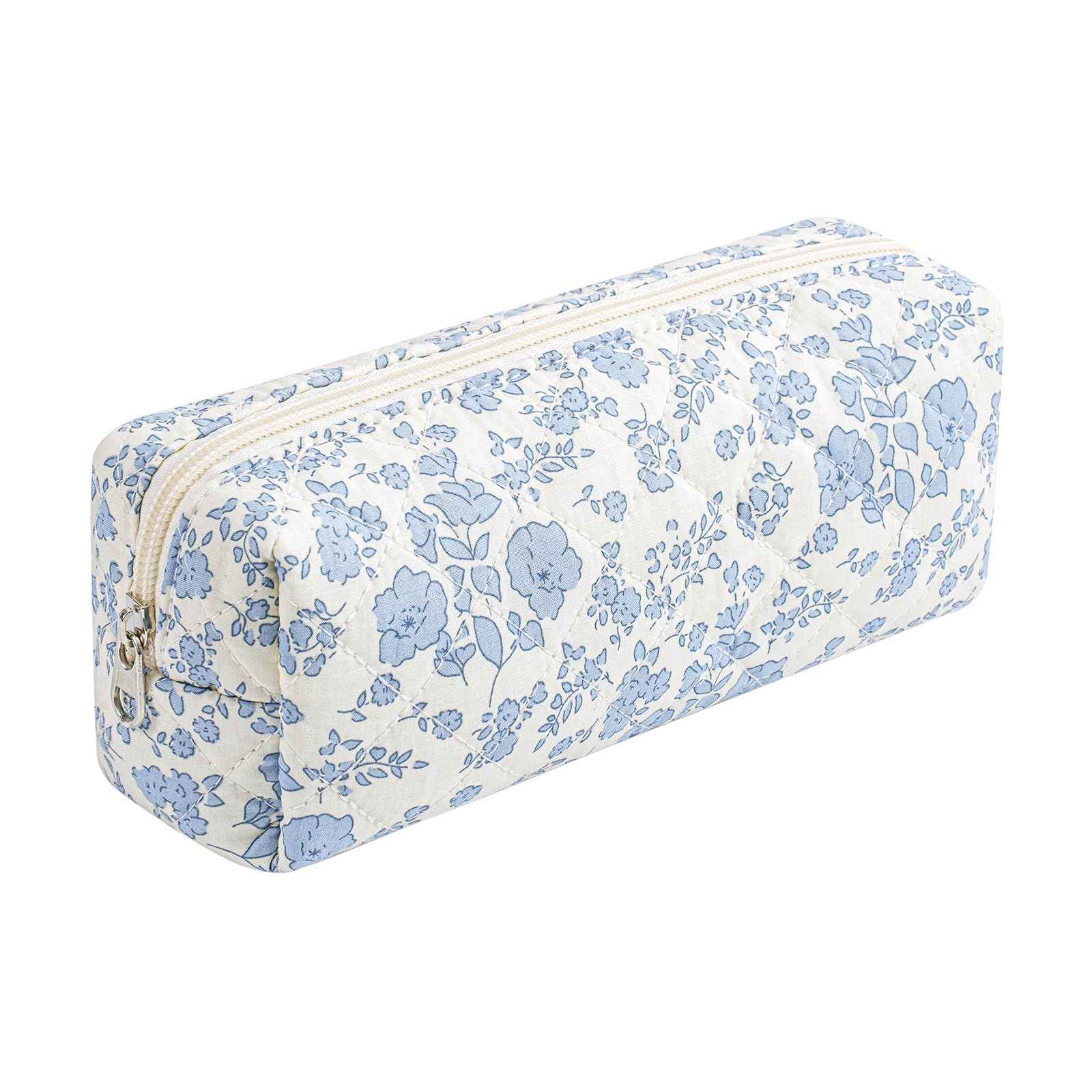 JOVAKIT Small Quilted Makeup Bag Cosmetic Bag for Women, Floral Coquette Cotton Square Travel Makeup Case Zipper Make Up Pouch, Kawaii Travel Storage Organizer Case (Blue Floral)
