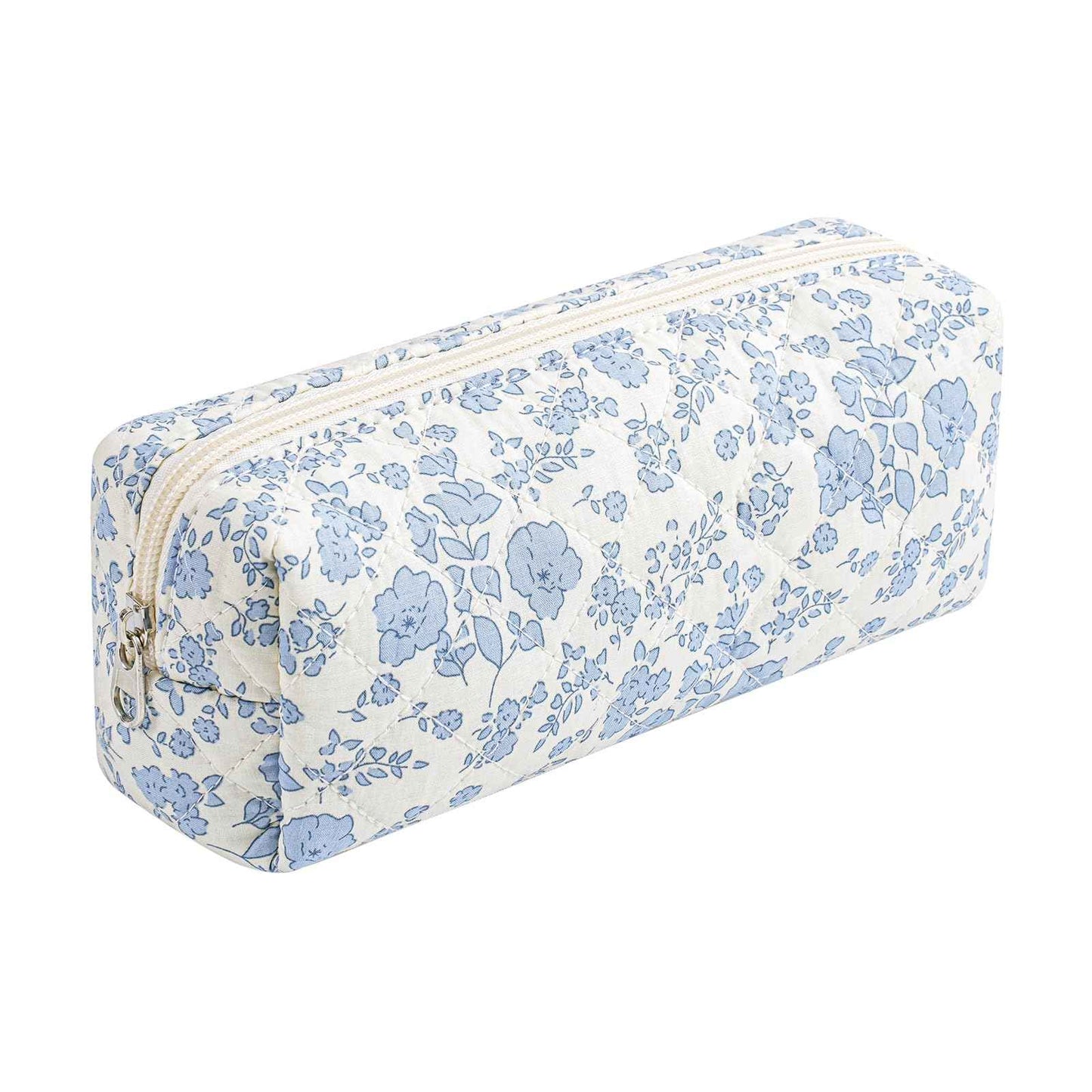 JOVAKIT Small Quilted Makeup Bag Cosmetic Bag for Women, Floral Coquette Cotton Square Travel Makeup Case Zipper Make Up Pouch, Kawaii Travel Storage Organizer Case (Blue Floral)