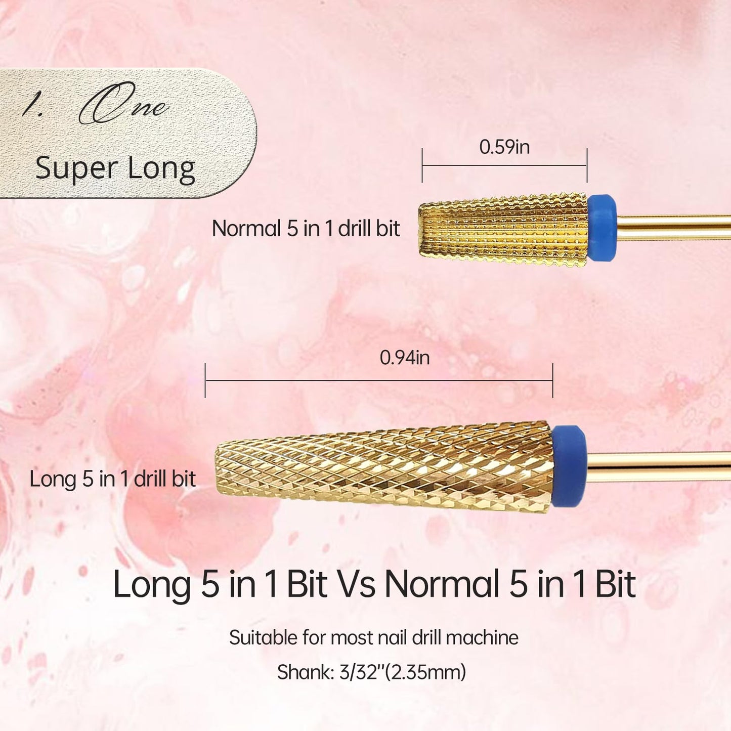 Super Long 5 in 1 Nail Drill Bit, Corfulra Professional Carbide Tungsten Bits, Upgrade Nail Bit for Nail Drill, Advanced Nail Bit Fast Remove for Long Acrylic Nails, Dip Polish, Cuticle Gel, Gold, M