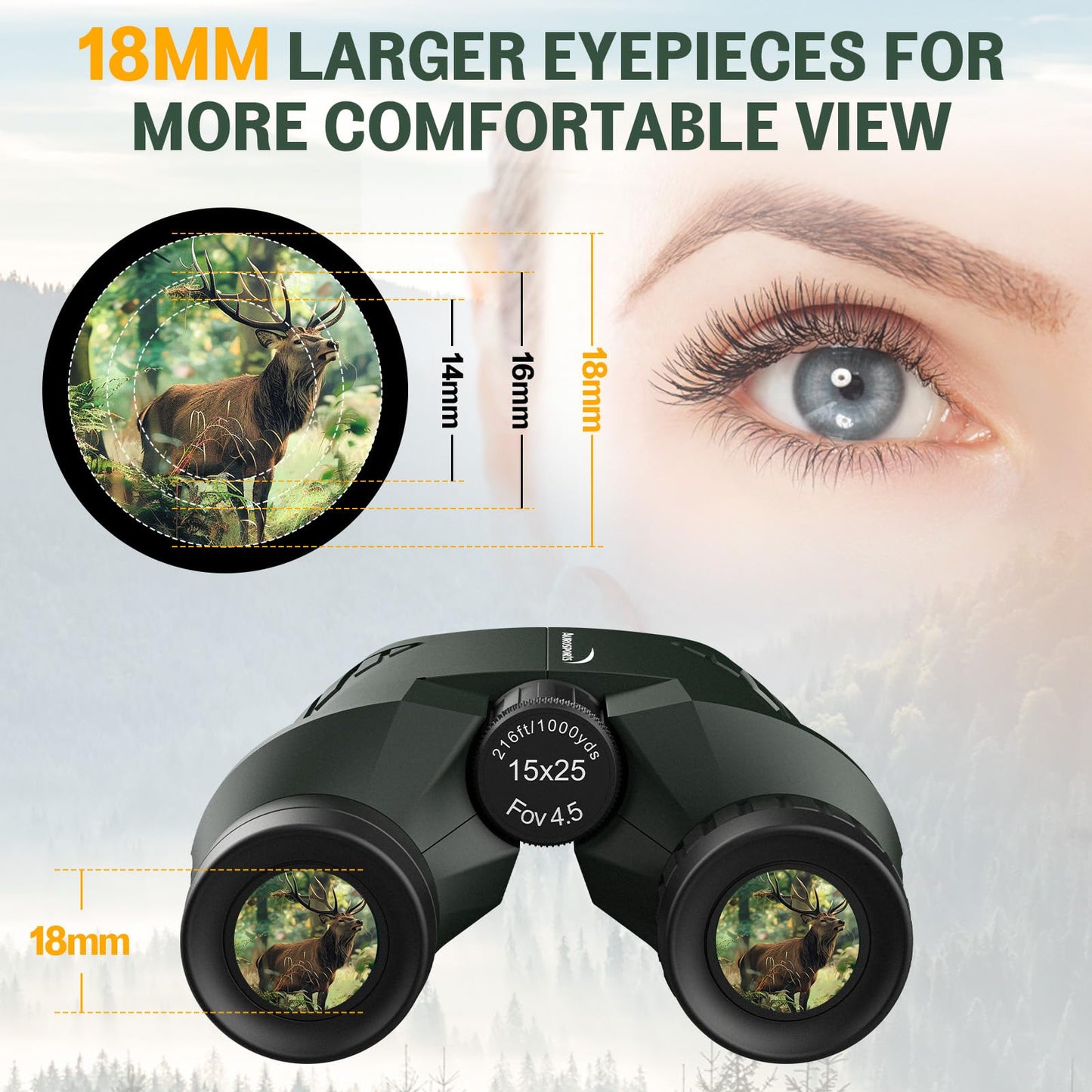 Aurosports 15x25 Compact Binoculars for Adult Kids - High Power Binoculars for Bird Watching - Easy Focus Small Binocular with Low Light Vision for Travel, Camping, Concert, Hiking -Green