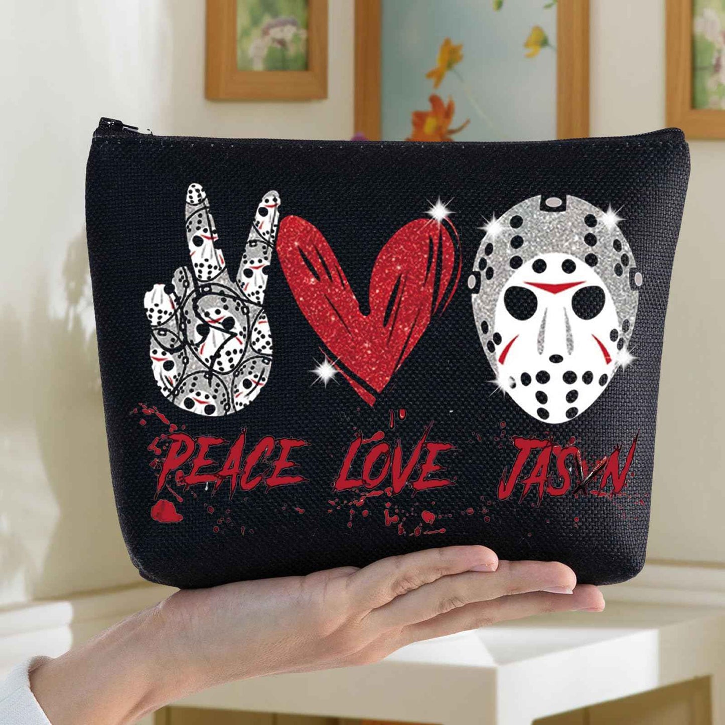 BWWKTOP Mask Slasher Cosmetic Makeup Bag Mask Fans Gifts Peace Love Zipper Pouch Bag Machete Killer Merchandise (PEACE JASON)