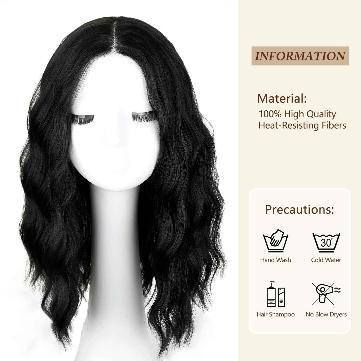 NOVFLKW Black Short Wavy Wig for Women Shoulder Length Middle Part with Pre Cut Lace Hairline Wavy Wig Natural Appearance Synthetic Heat Resistant Fiber for Everyday Hairstyle 16 Inch