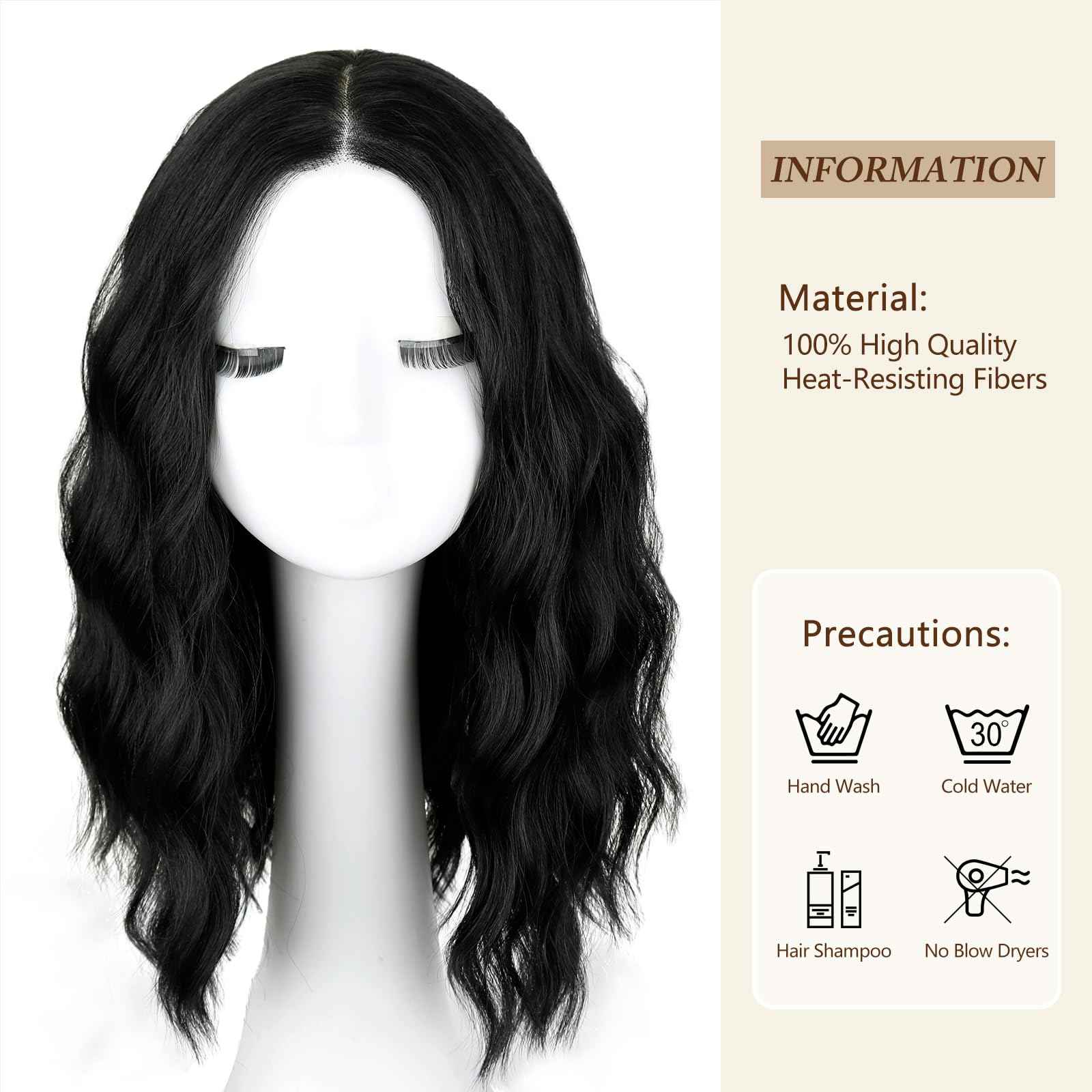 NOVFLKW Black Short Wavy Wig for Women Shoulder Length Middle Part with Pre Cut Lace Hairline Wavy Wig Natural Appearance Synthetic Heat Resistant Fiber for Everyday Hairstyle 16 Inch