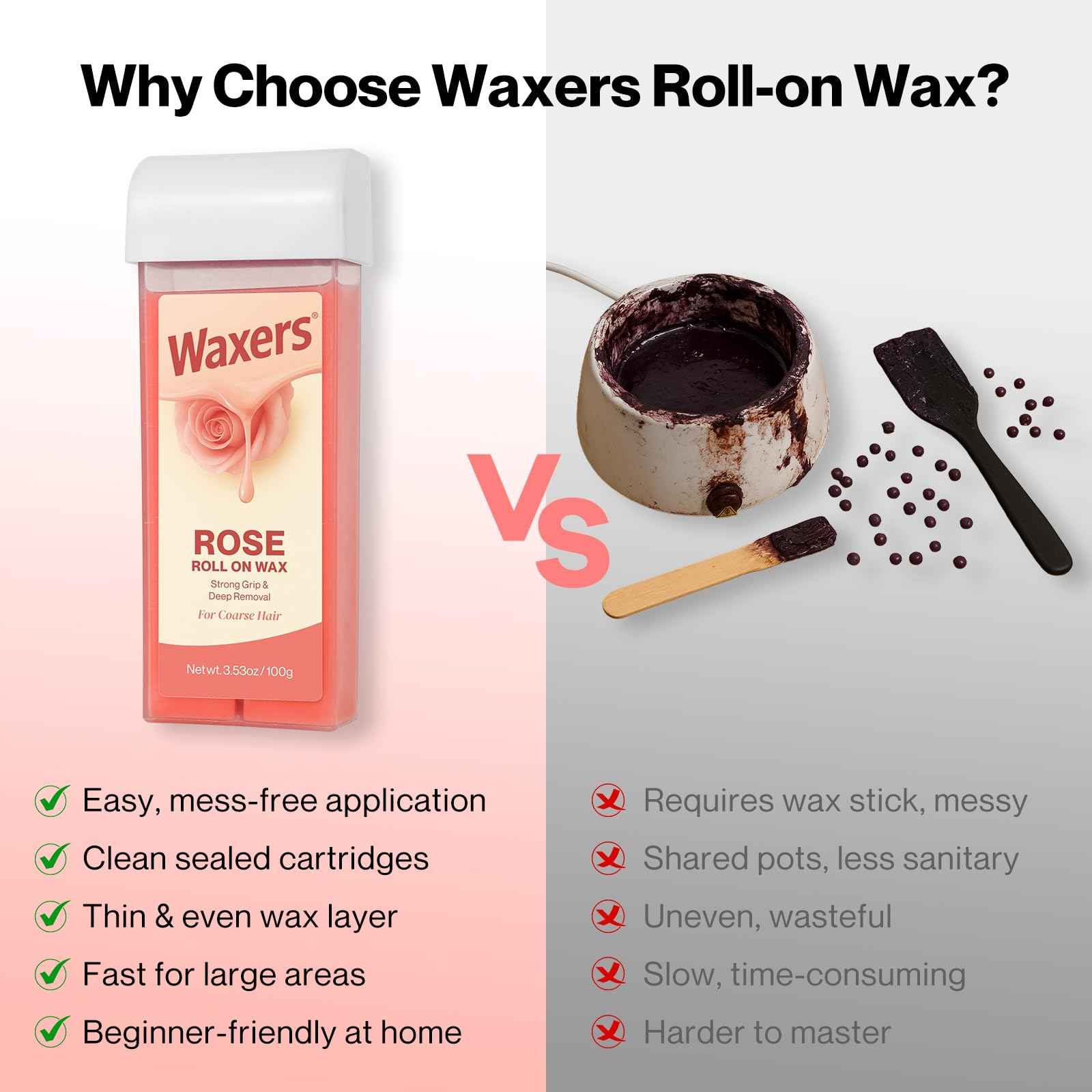 Waxers Roll on Wax Kit Professional Soft Wax Roller Depilatory for Coarse & Thick Hair Removal Waxing Roller Cartridge for Women Men at Home Rose