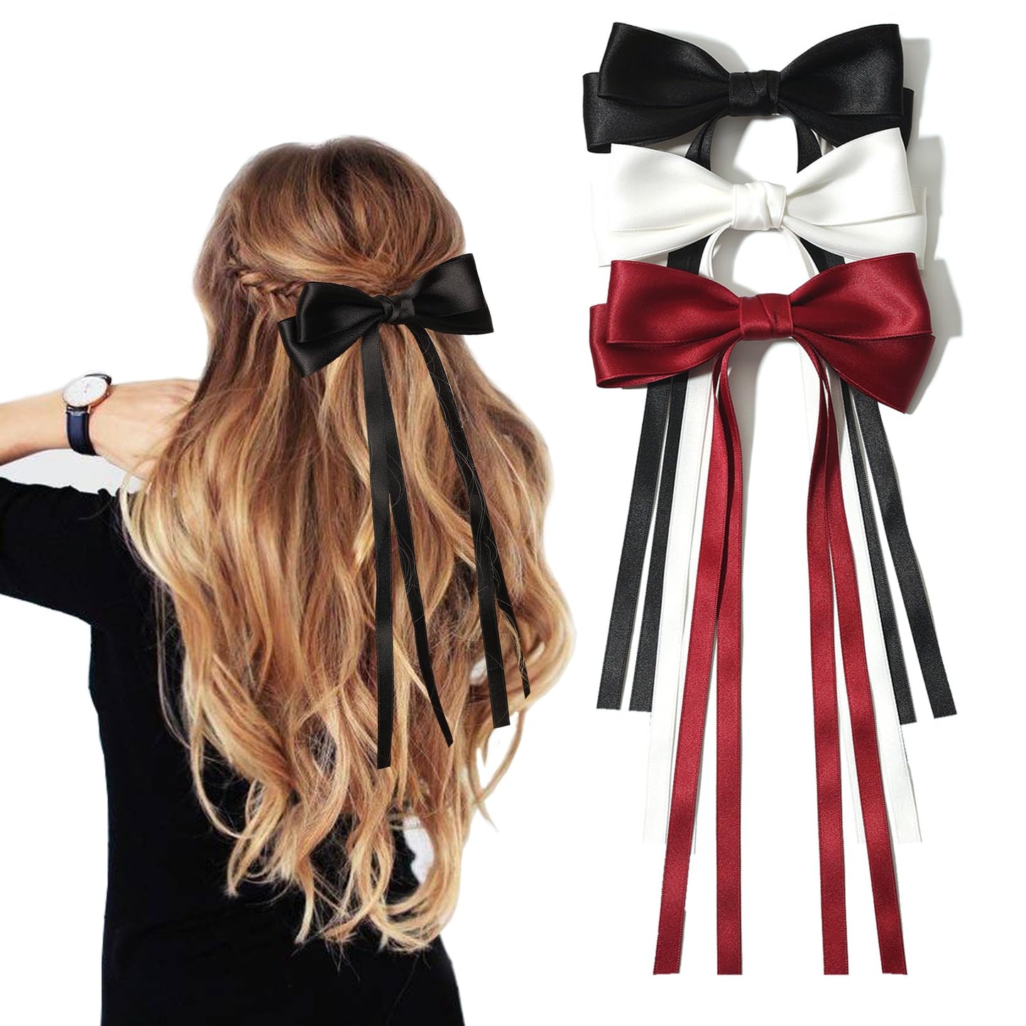 XFYUZR 3PCS Hair Bow for Women, Silky Satin Bows Metal Clip, Ribbon Hair Clips Bowknot With Long Tail, Tassle Bows Hair Barrettes Hair Accessories for Women Girls (black white burgundy)