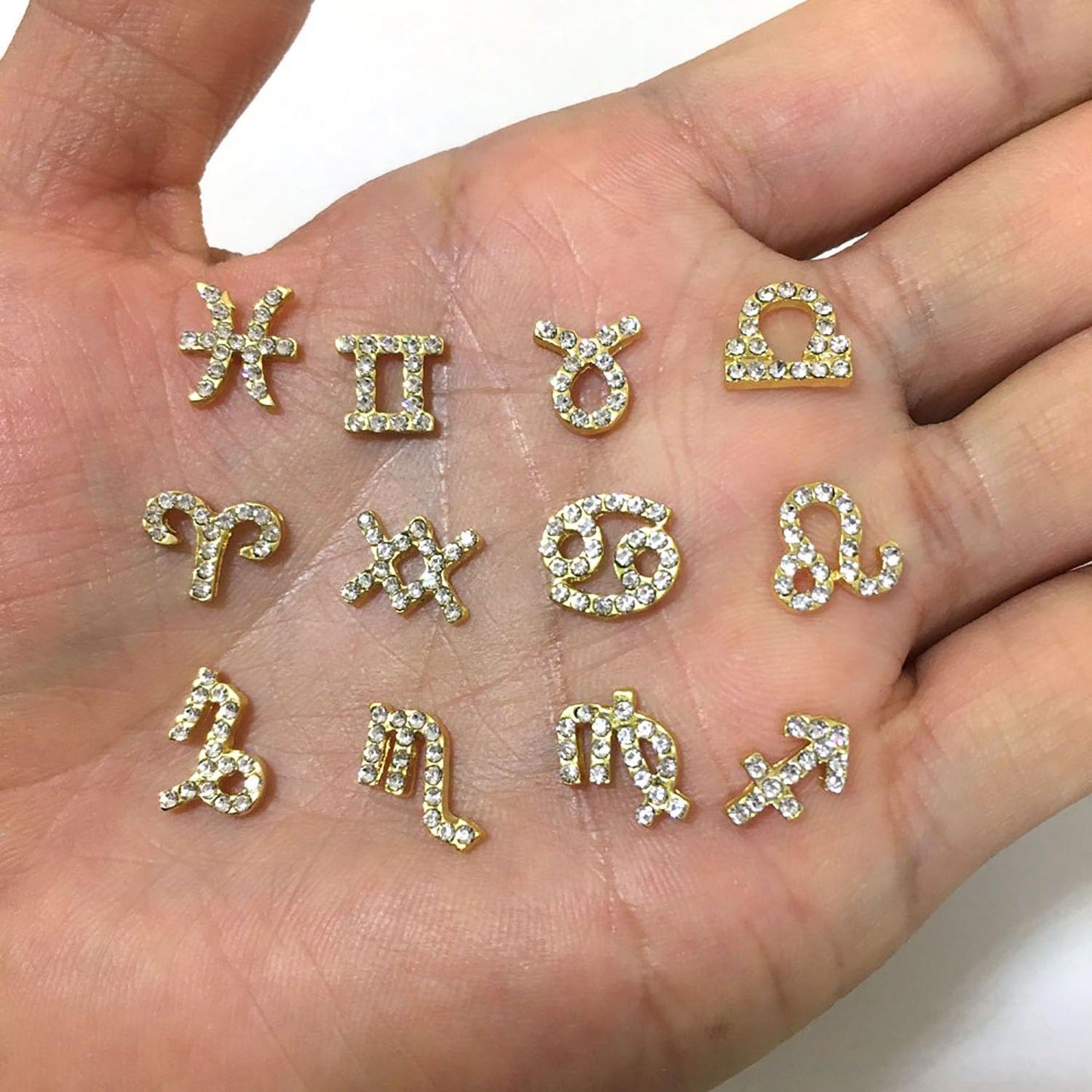 DANNEASY 48pcs Zodiac Nail Charms 3D Gold Silver Zodiac Signs Nail Letters Flat-back Nail Rhinestones Diamond Charms for Nails Hollow Nail Studs Alloy Nail Jewels Nail Art Decoration