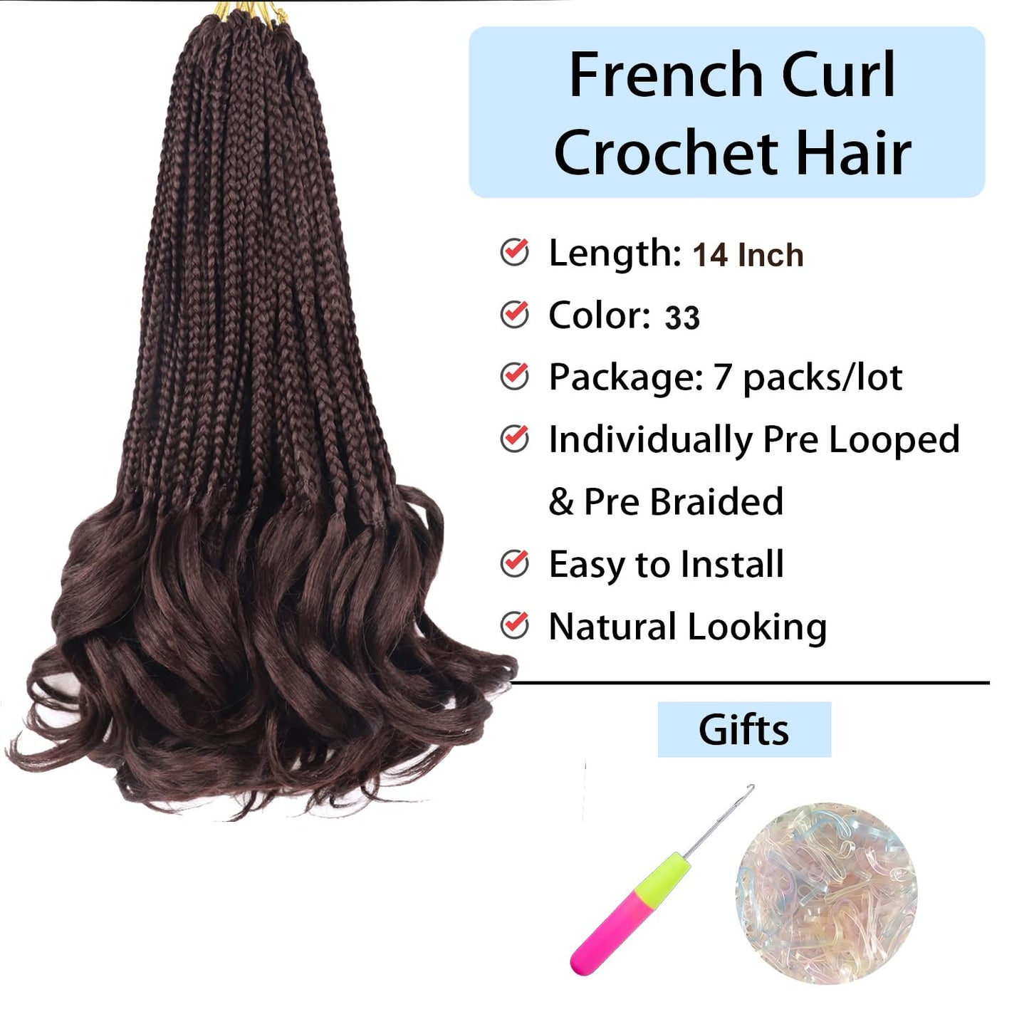 French Curl Crochet Braids 14 Inch French Curl Braiding Hair Pre Looped Goddess Box Braids Crochet Hair for Women Curly Crochet Hair with Curly Ends French Curly Braiding Hair(33#)