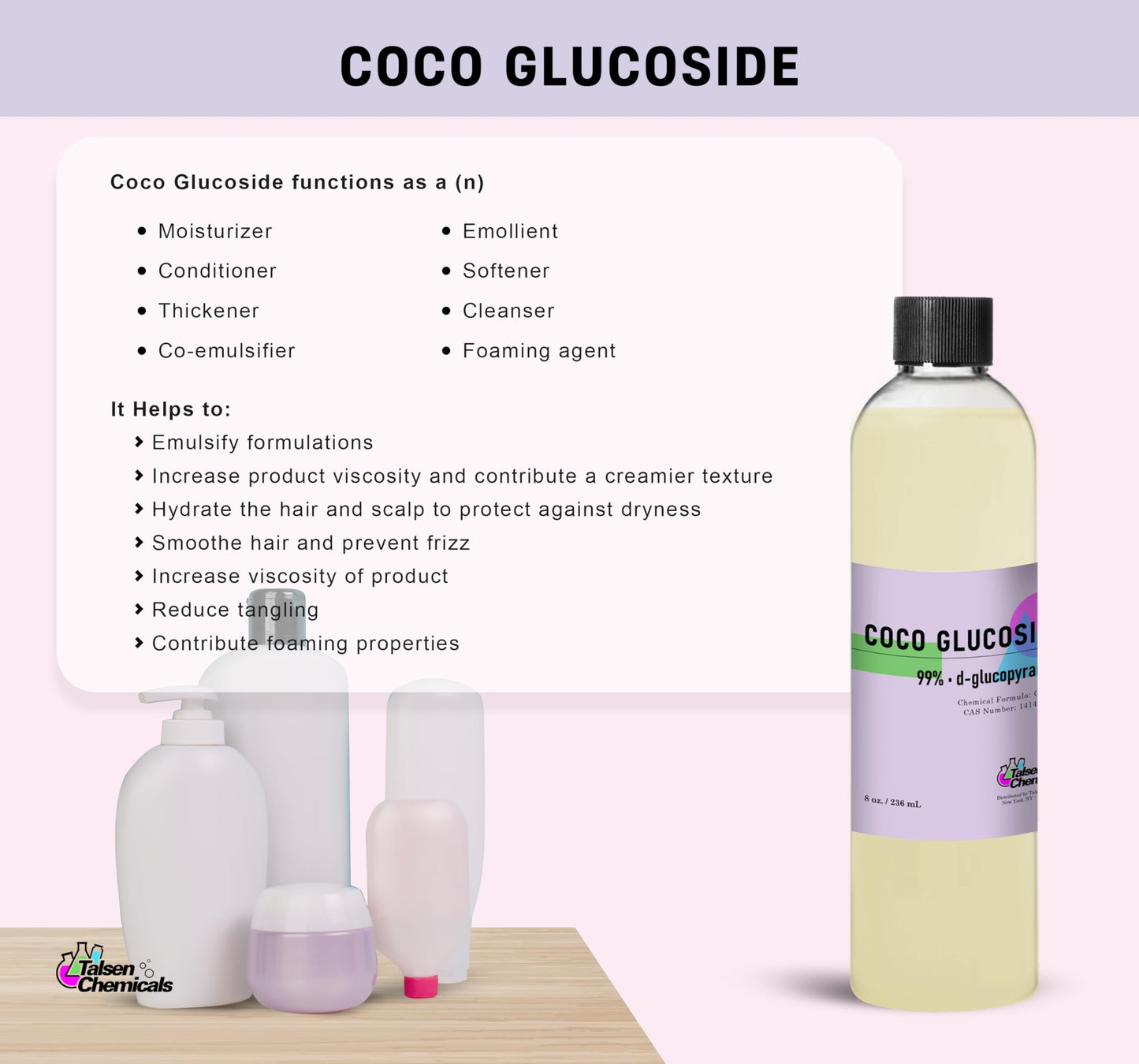 Coco Glucoside Organic (8 Ounce / 236 mL) Natural Non-Ionic Surfactant, Cleansing & Foaming Agent for DIY Cosmetics Skincare & Haircare, Versatile Emulsifying Agent by Talsen Chemicals