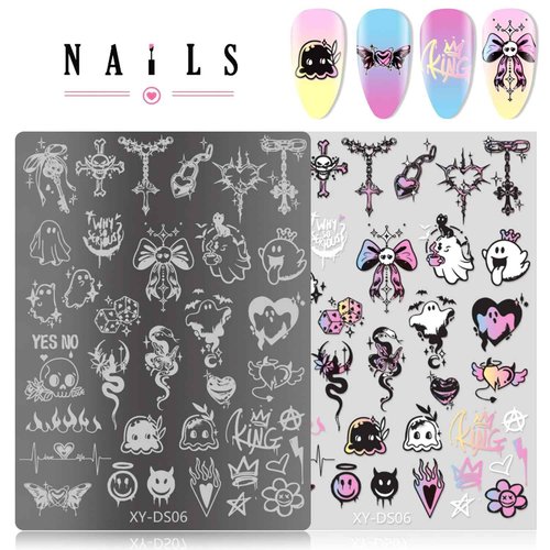 4Pcs Gothic Cute Nail Stamping Plate Set - Dark Kawaii Nail Art Templates, Stainless Steel Spooky Sweet Nail Stamp Plates with Skull & Lace Patterns for DIY Manicure Printing Tools