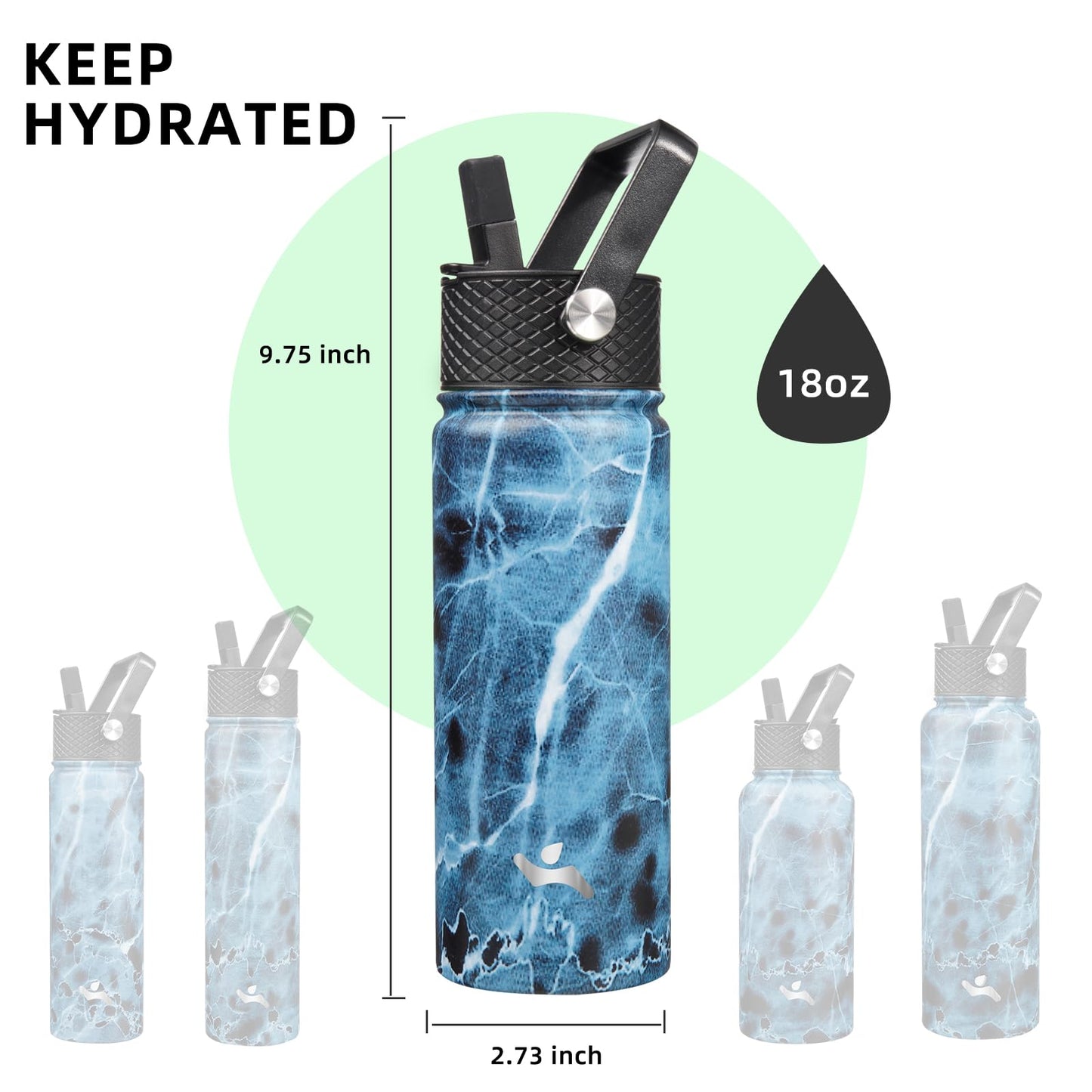 Konokyo Insulated Water Bottle with Straw,18 oz 3 Lids Metal Bottles Stainless Steel Water Flask,Marble Ocean